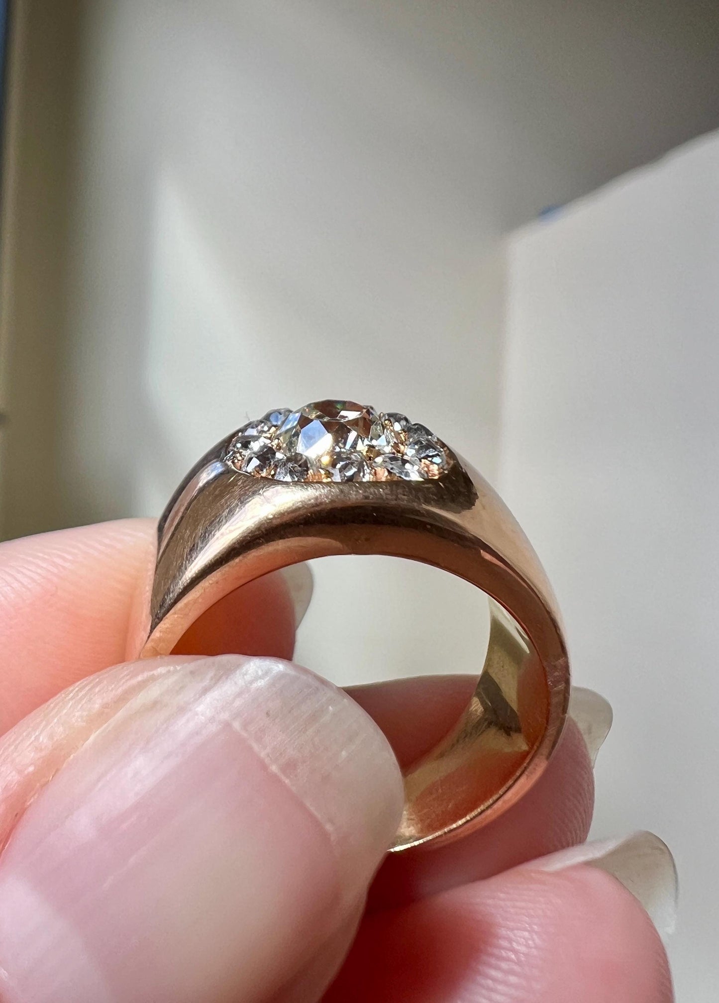 ANTIQUE 1 1/4 Carat Eye Clean Old Mine Cut DIAMONDS Chunky 18k Gold 12mm Wide Cigar Band Cluster Halo Ring French Cobblestone Stacker OmC