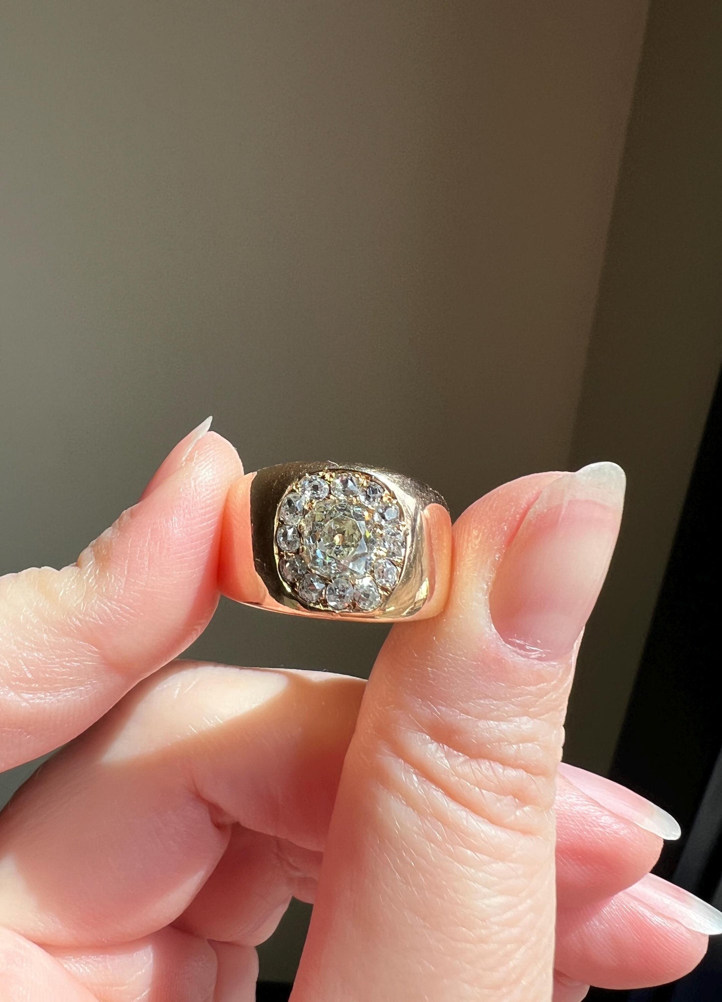 ANTIQUE 1 1/4 Carat Eye Clean Old Mine Cut DIAMONDS Chunky 18k Gold 12mm Wide Cigar Band Cluster Halo Ring French Cobblestone Stacker OmC