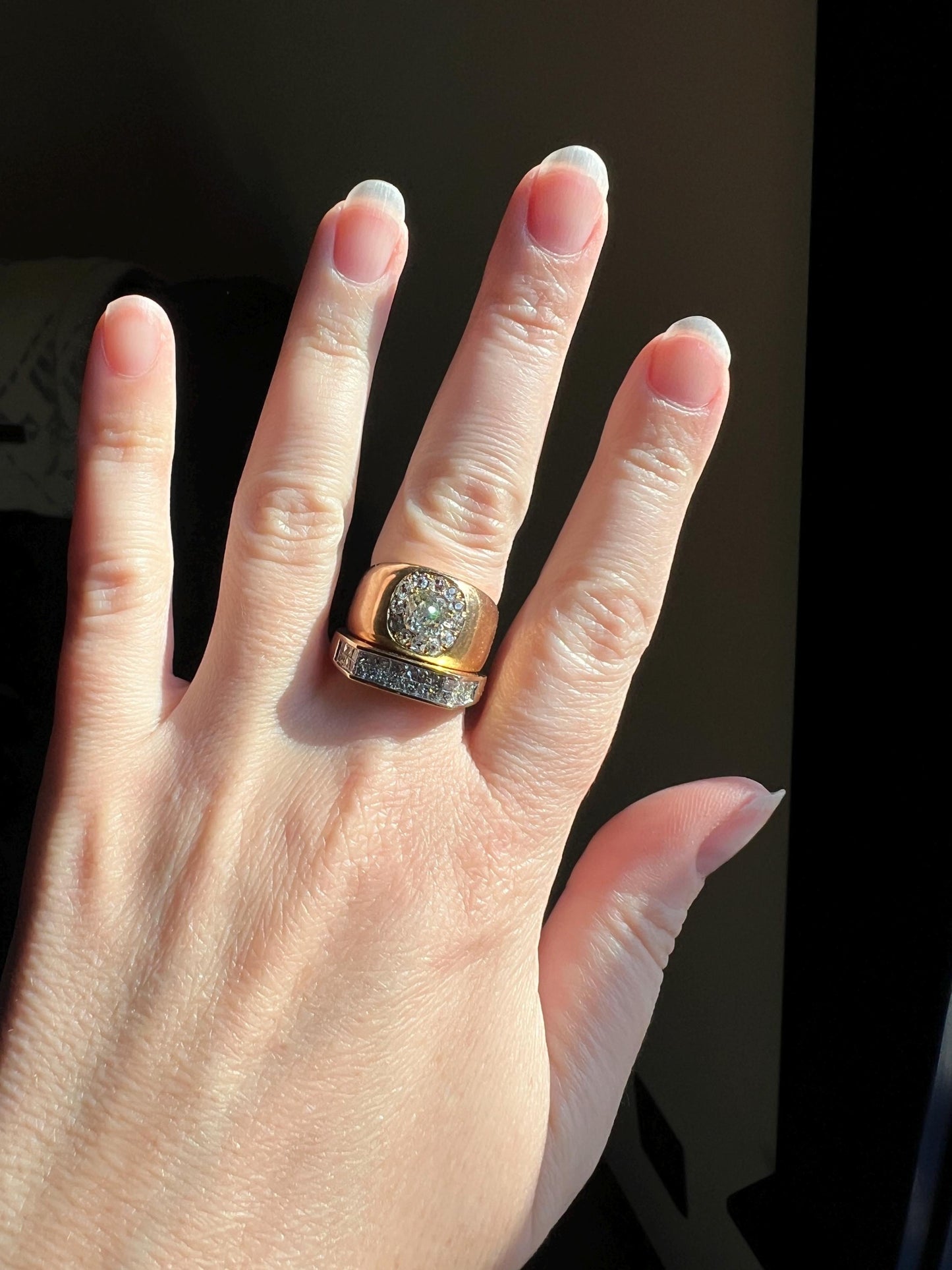 ANTIQUE 1 1/4 Carat Eye Clean Old Mine Cut DIAMONDS Chunky 18k Gold 12mm Wide Cigar Band Cluster Halo Ring French Cobblestone Stacker OmC