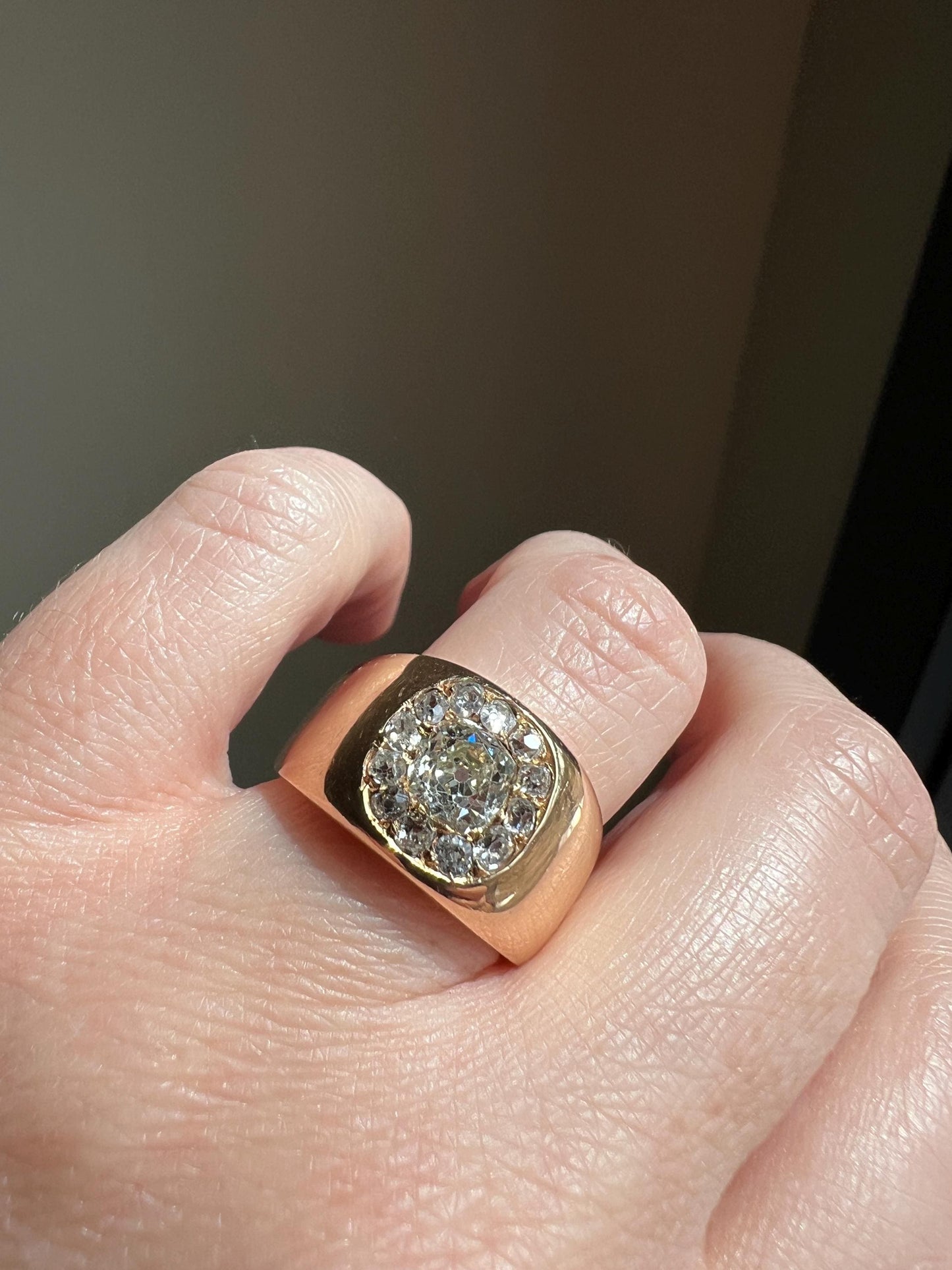 ANTIQUE 1 1/4 Carat Eye Clean Old Mine Cut DIAMONDS Chunky 18k Gold 12mm Wide Cigar Band Cluster Halo Ring French Cobblestone Stacker OmC