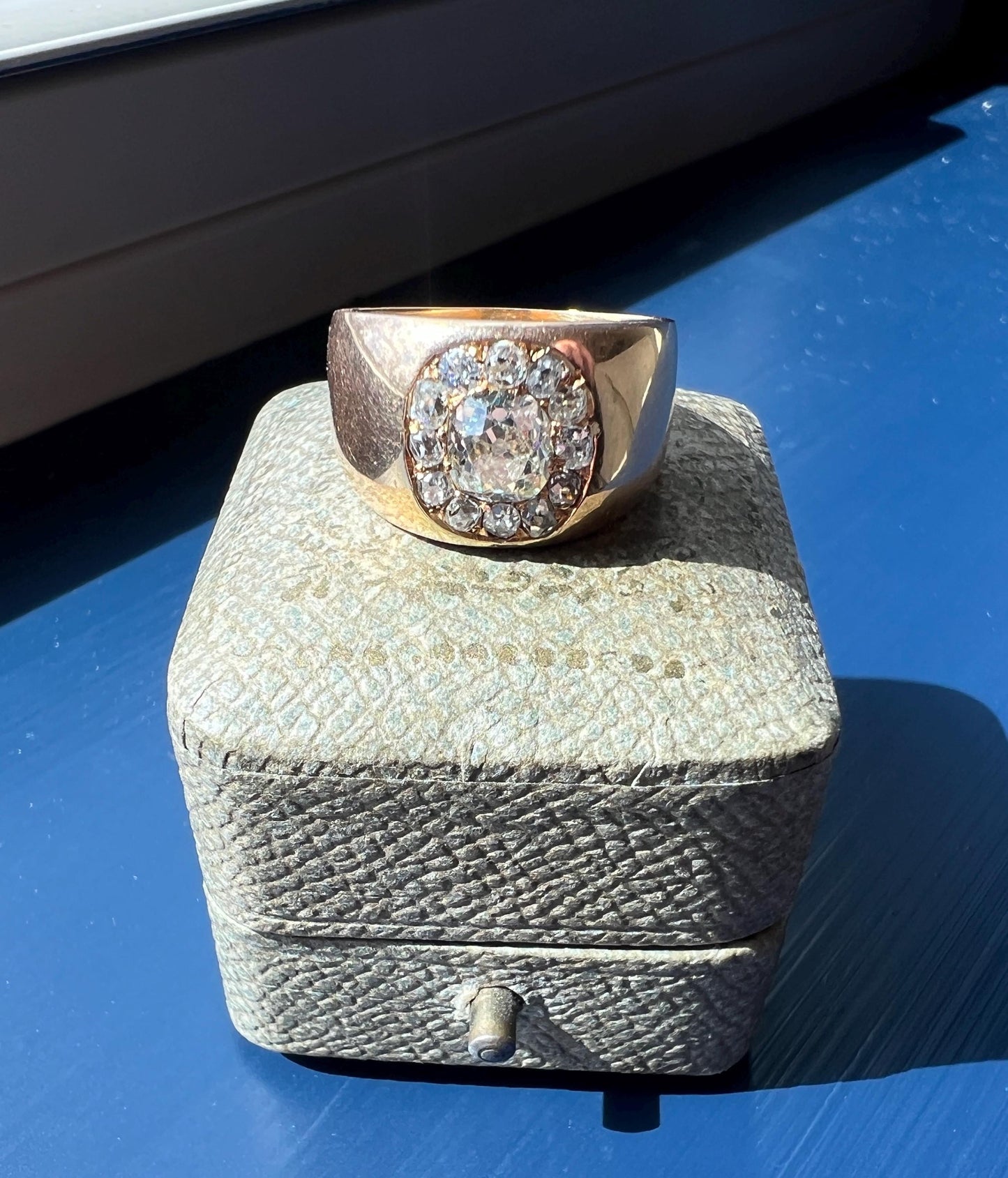 ANTIQUE 1 1/4 Carat Eye Clean Old Mine Cut DIAMONDS Chunky 18k Gold 12mm Wide Cigar Band Cluster Halo Ring French Cobblestone Stacker OmC