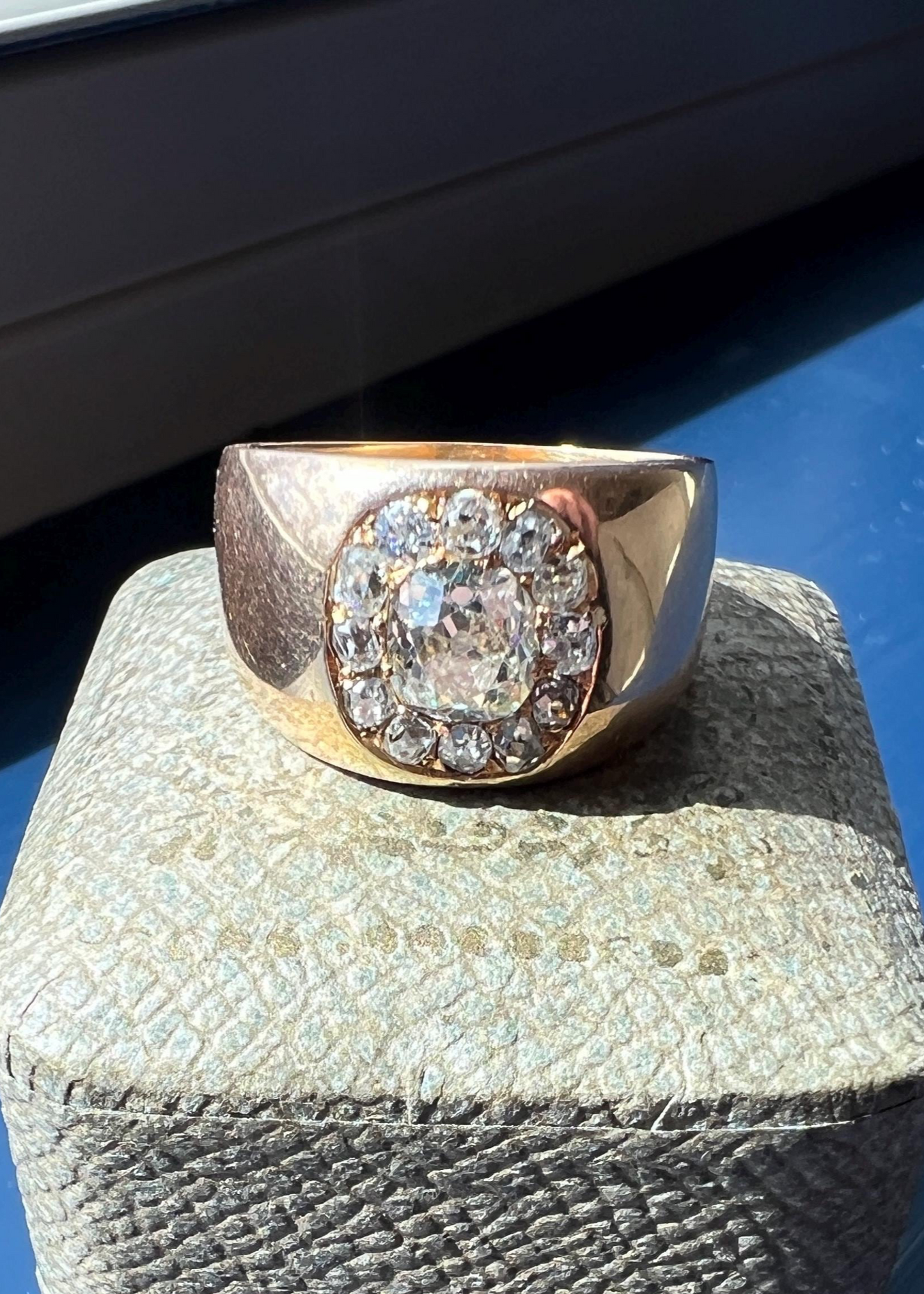 ANTIQUE 1 1/4 Carat Eye Clean Old Mine Cut DIAMONDS Chunky 18k Gold 12mm Wide Cigar Band Cluster Halo Ring French Cobblestone