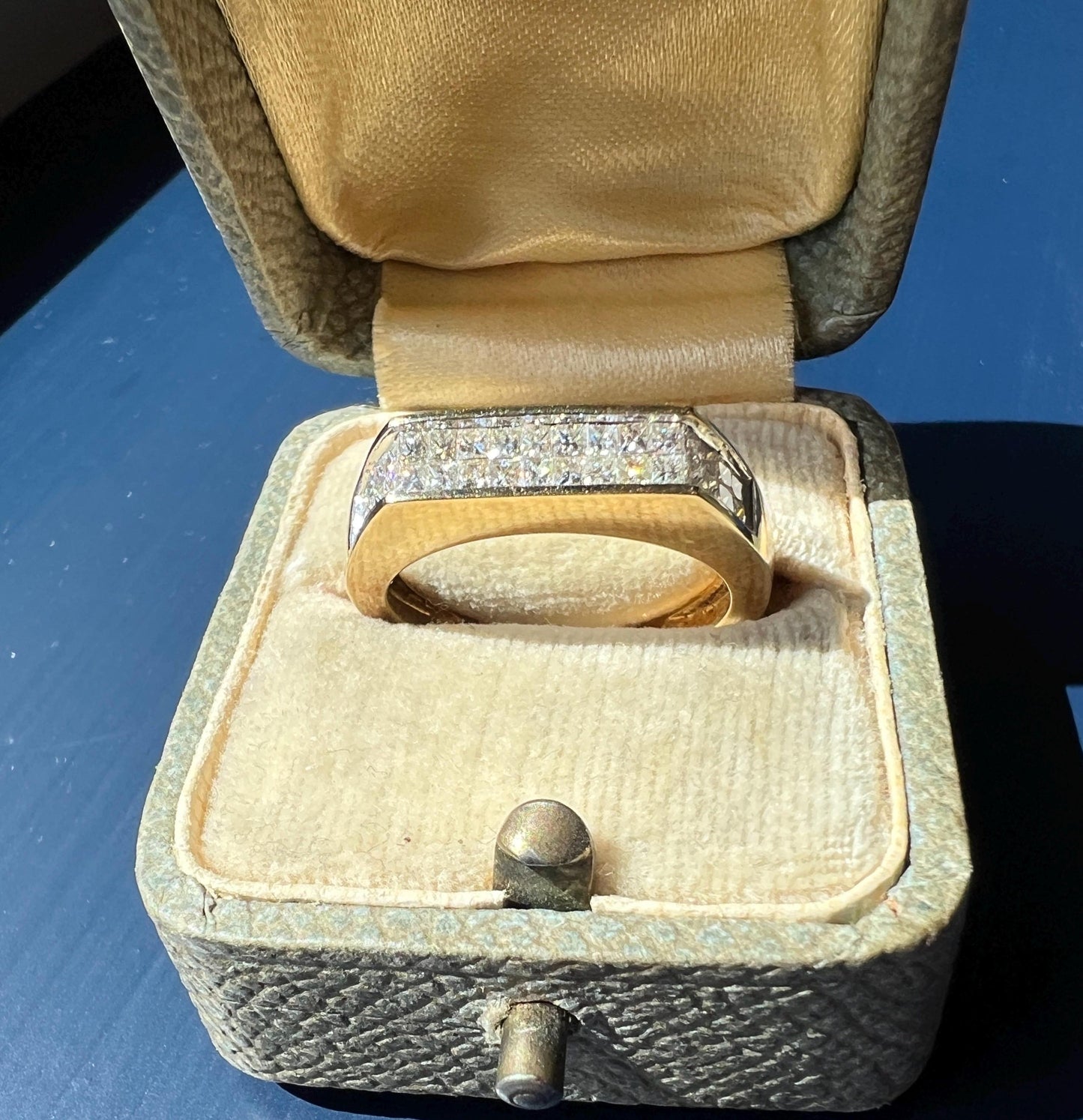 Geometric One Carat Eye Clean Princess Cut DIAMOND Beveled Band Vintage Tall Channel Set Line Platform 14k Gold Retro Stacker 1Ctw Square