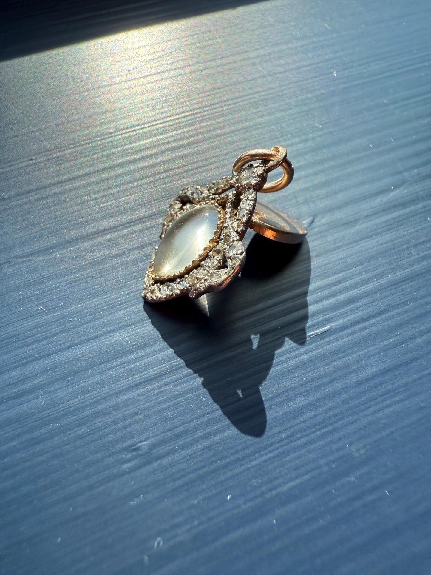 GEORGIAN Antique Bowed HEART Garland Halo Locket Back Pendant 10k Gold Silver Moonstone Rose Cut DIAMOND Magnifier Gift Figural Victorian