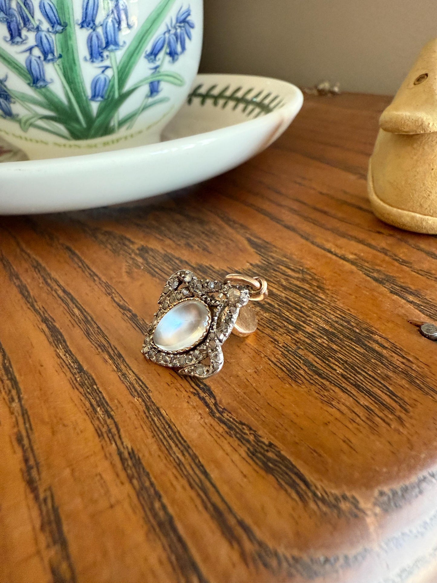 GEORGIAN Antique Bowed HEART Garland Halo Locket Back Pendant 10k Gold Silver Moonstone Rose Cut DIAMOND Magnifier Gift Figural Victorian