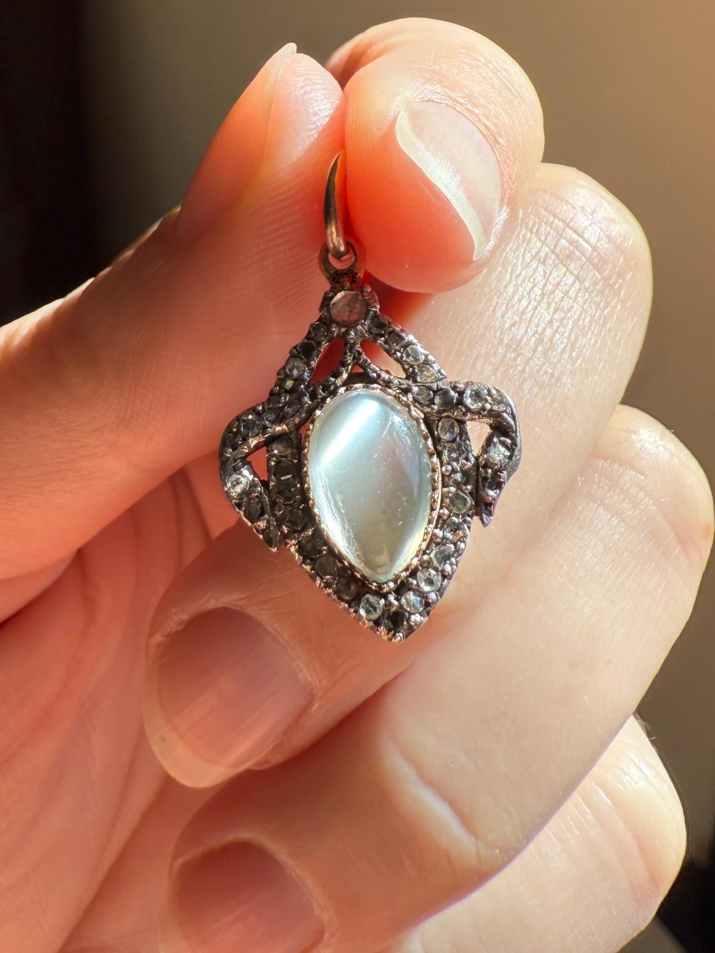 GEORGIAN Antique Bowed HEART Garland Halo Locket Back Pendant 10k Gold Silver Moonstone Rose Cut DIAMOND Magnifier Gift Figural
