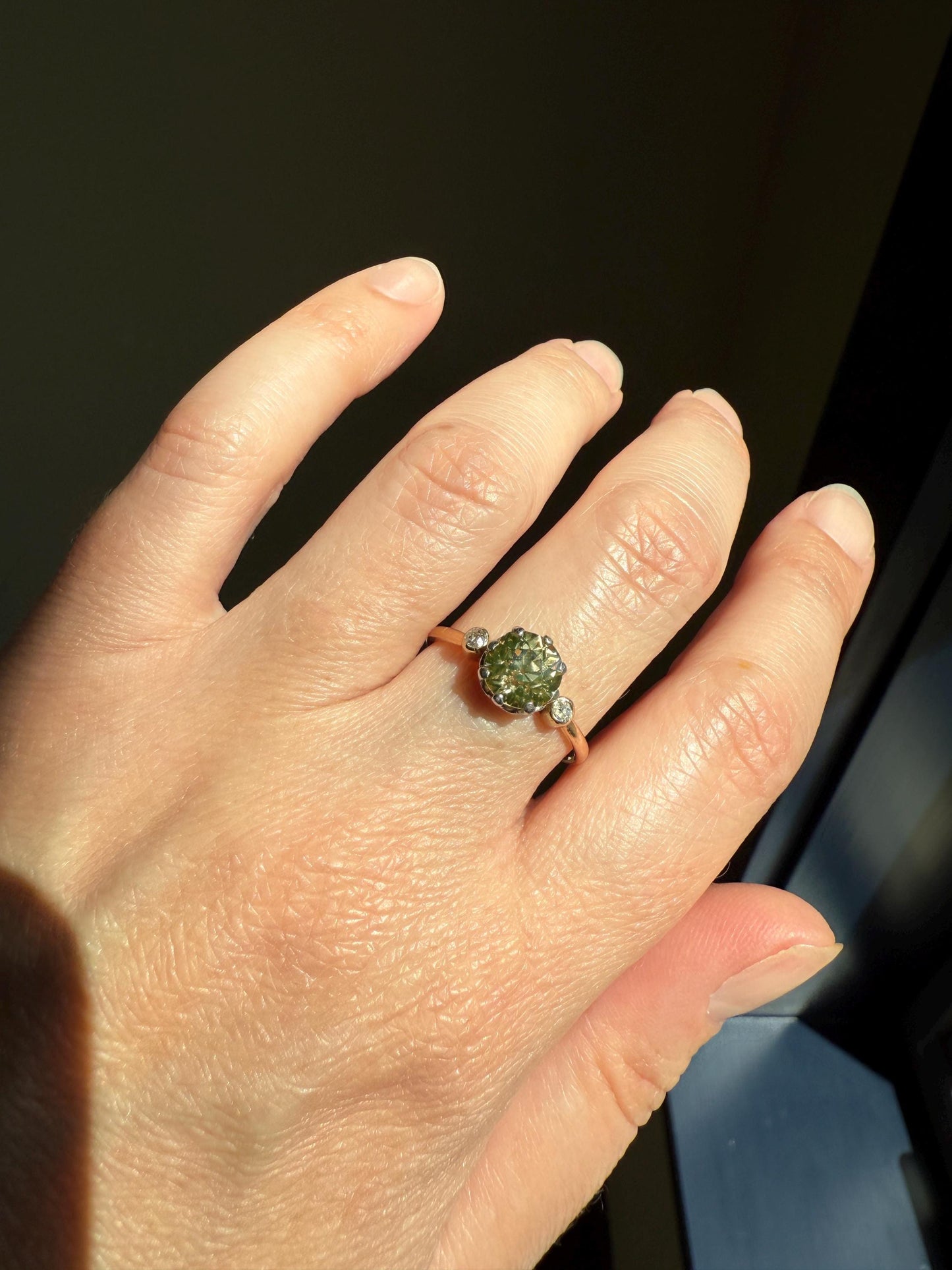 Antique Eye Clean Color Change 1.5 Carat Tdw Antique Fancy Champagne Green Yellow Old Mine Cut DIAMOND Solitaire Ring Three Stone 18k Gold