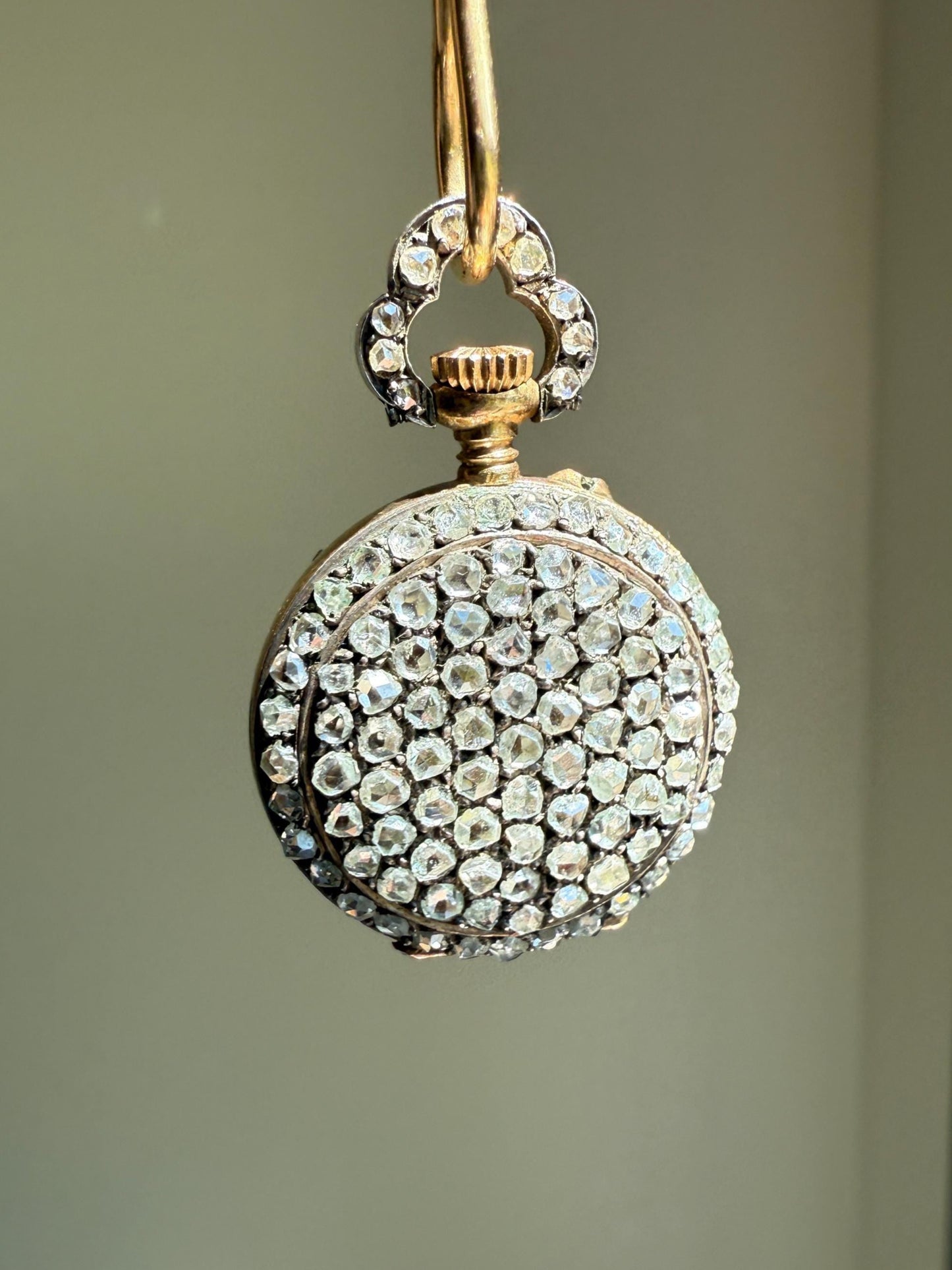 ENTIRELY DIAMOND Encrusted French VICTORIAN Era Chunky Rose Cut Diamond Antique 18k Gold Silver Pocket Watch Case Pendant Locket Rare Gift