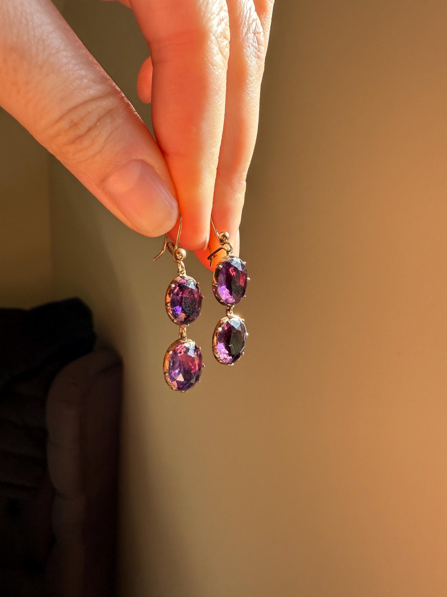 GEORGIAN Antique 10k GOLD Purple Paste Amethyst Dangle EARRINGS Domed Foil Backed Violet Bridal Wedding Something Old Two Stone Victorian