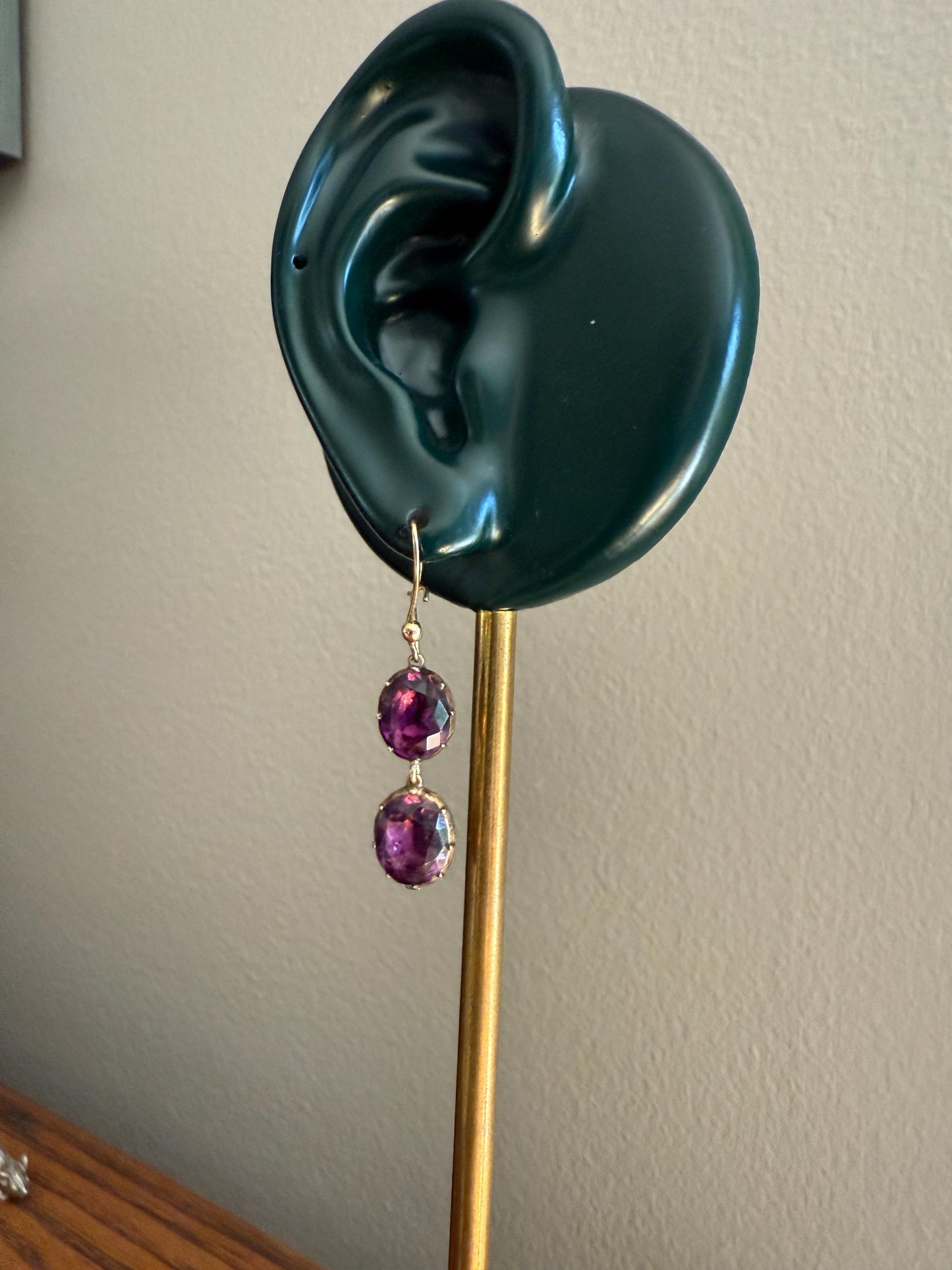 GEORGIAN Antique 10k GOLD Purple Paste Amethyst Dangle EARRINGS Domed Foil Backed Violet Bridal Wedding Something Old Two Stone Victorian