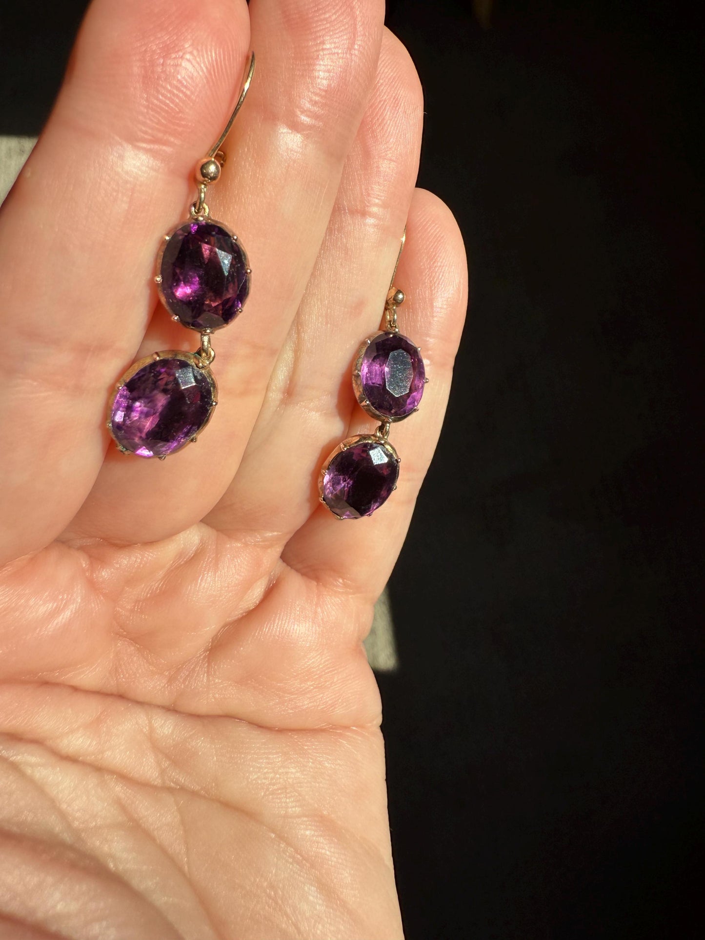GEORGIAN Antique 10k GOLD Purple Paste Amethyst Dangle EARRINGS Domed Foil Backed Violet Bridal Wedding Something Old Two Stone Victorian