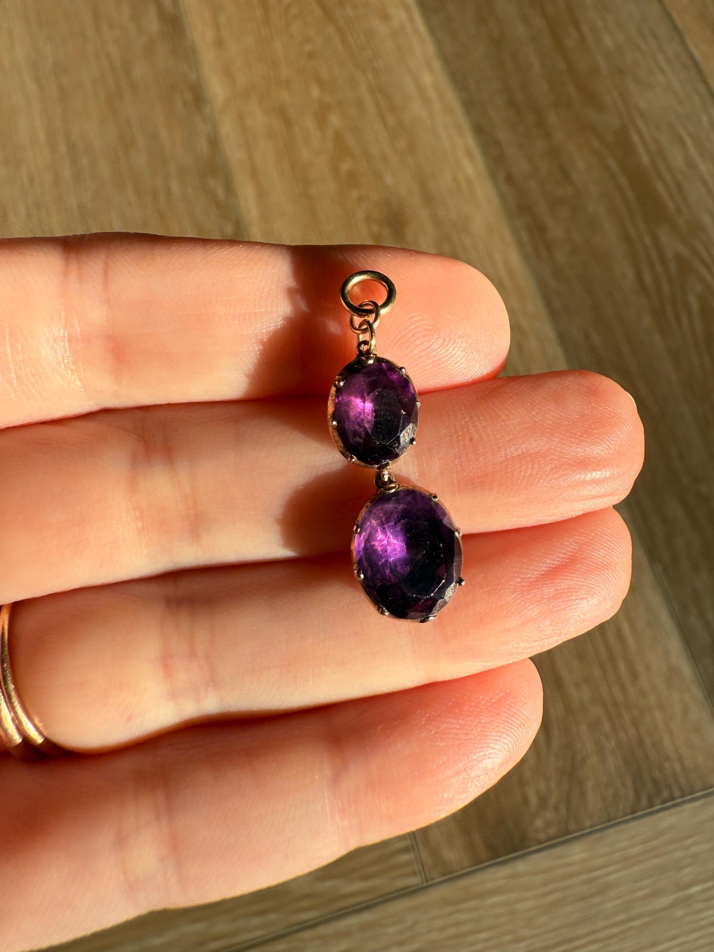 GEORGIAN Antique 10k GOLD Purple Paste Amethyst Dangle Pendant Domed Foil Backed Violet Bridal Wedding Something Old Two Stone Victorian