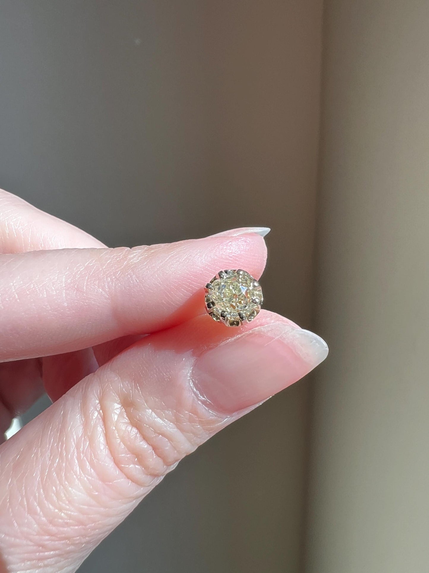 Single Antique .6 Carat Eye Clean Pale Yellow Old Mine Cut DIAMOND Prong Set Stud Earring French 18k Gold Gift Earstack Belle Epoque OMC