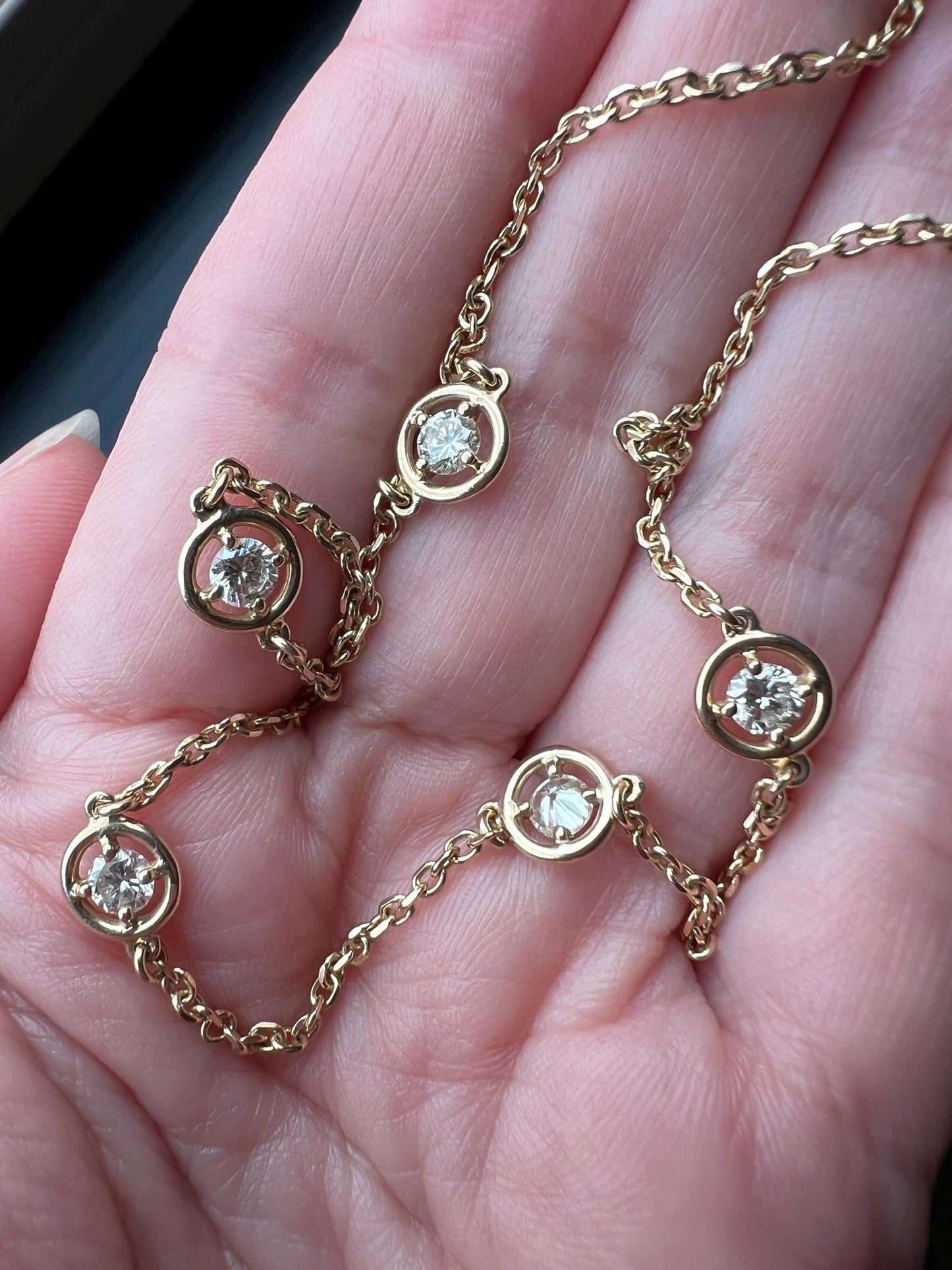 Vintage .85 Carat Five DIAMOND Halo Set Pendants 14k Gold Station Chain Necklace Layering Shimmer Minimalist Diamonds by the Yard 22" Long