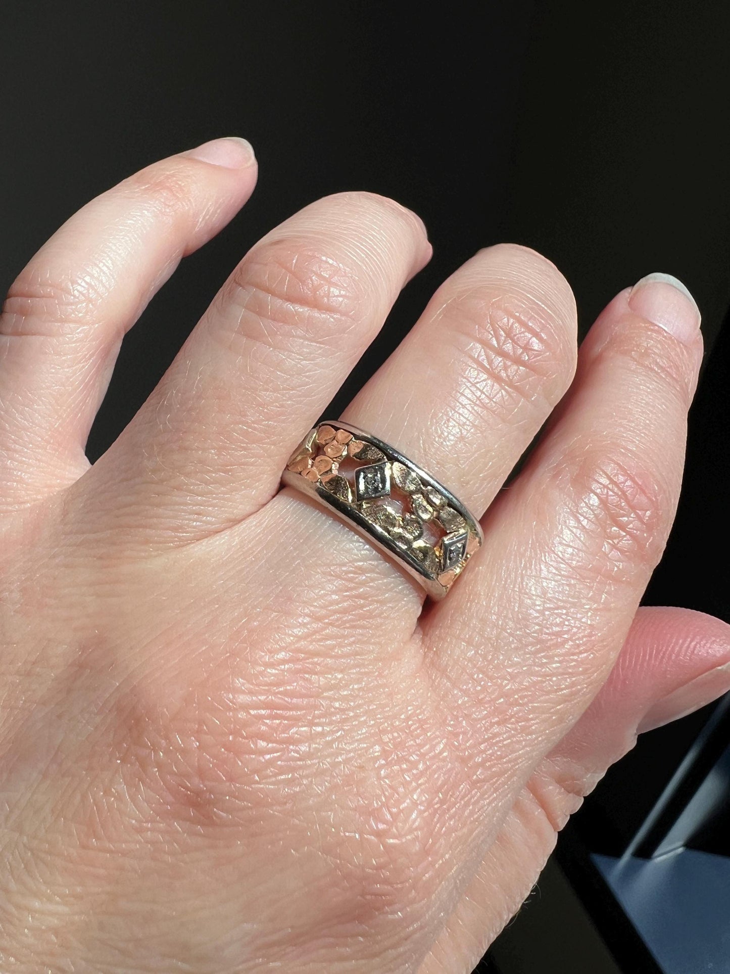 FLORAL Art Deco ANTIQUE Diamond Two Tone 14k Gold Rose White Ring Half Daisy Forget Me Not Eternity Wide Band Wedding Chunky Stacker Flower