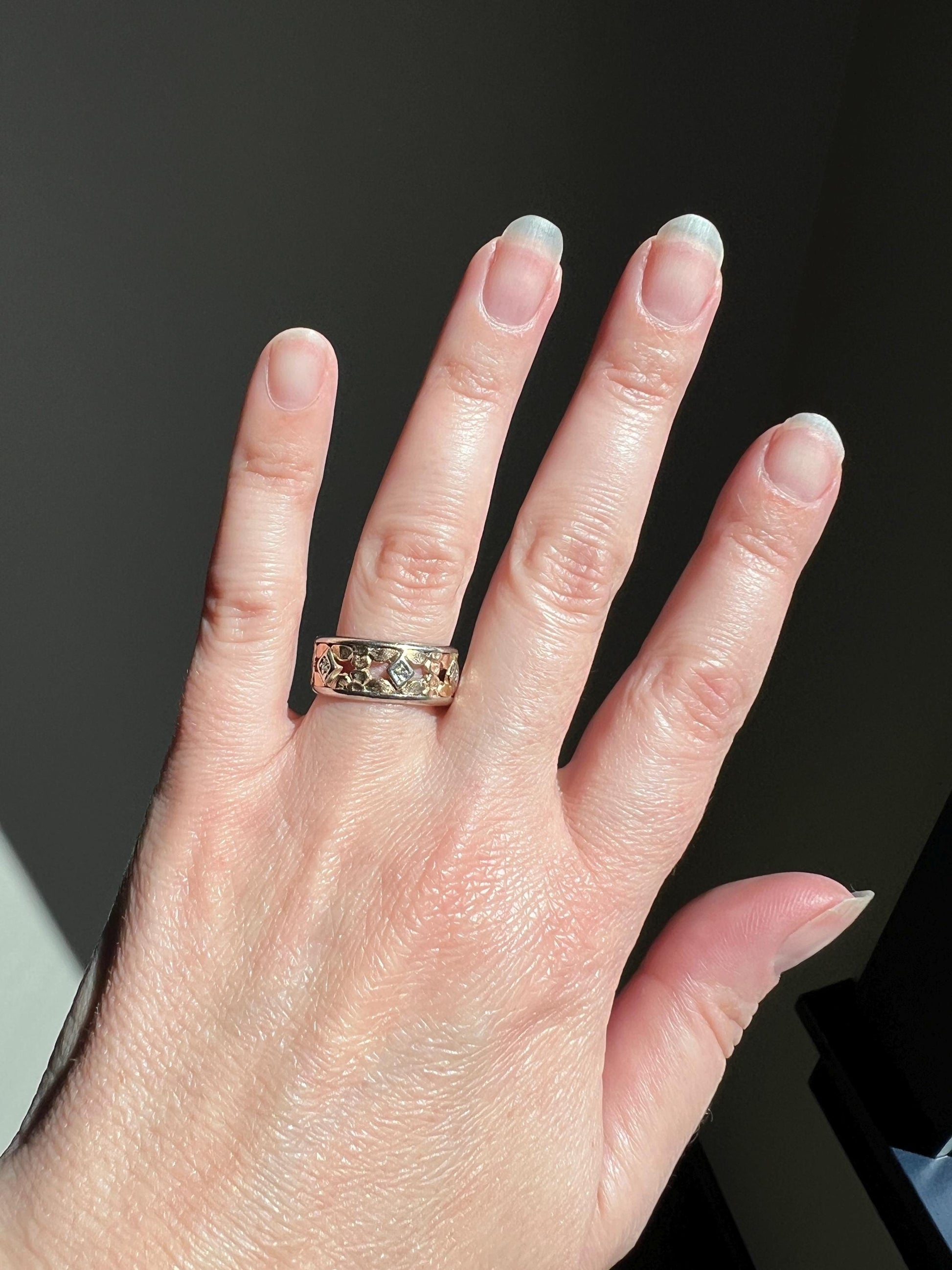 FLORAL Art Deco ANTIQUE Diamond Two Tone 14k Gold Rose White Ring Half Daisy Forget Me Not Eternity Wide Band Wedding Chunky Stacker Flower