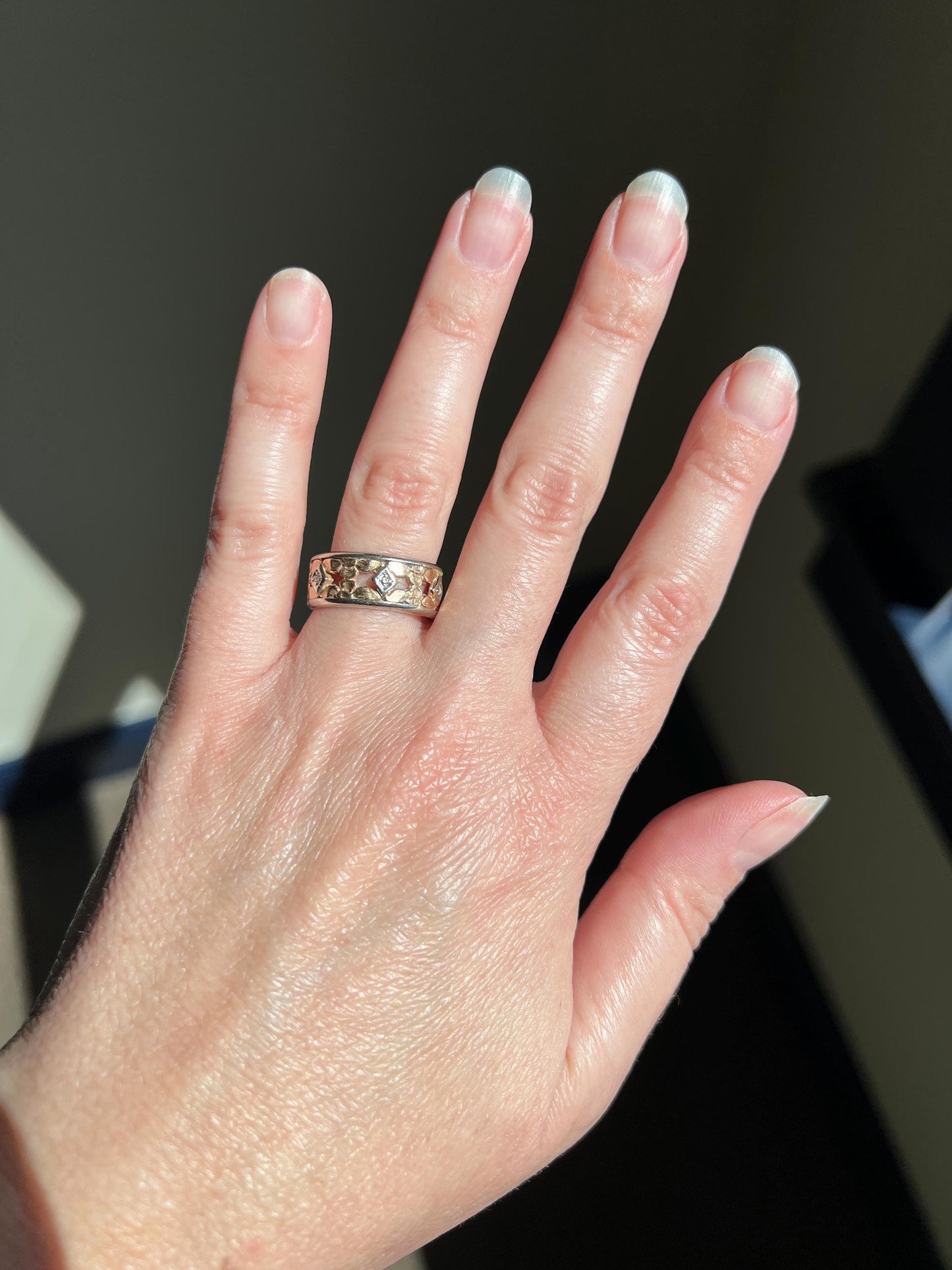 FLORAL Art Deco ANTIQUE Diamond Two Tone 14k Gold Rose White Ring Half Daisy Forget Me Not Eternity Wide Band Wedding Chunky Stacker Flower