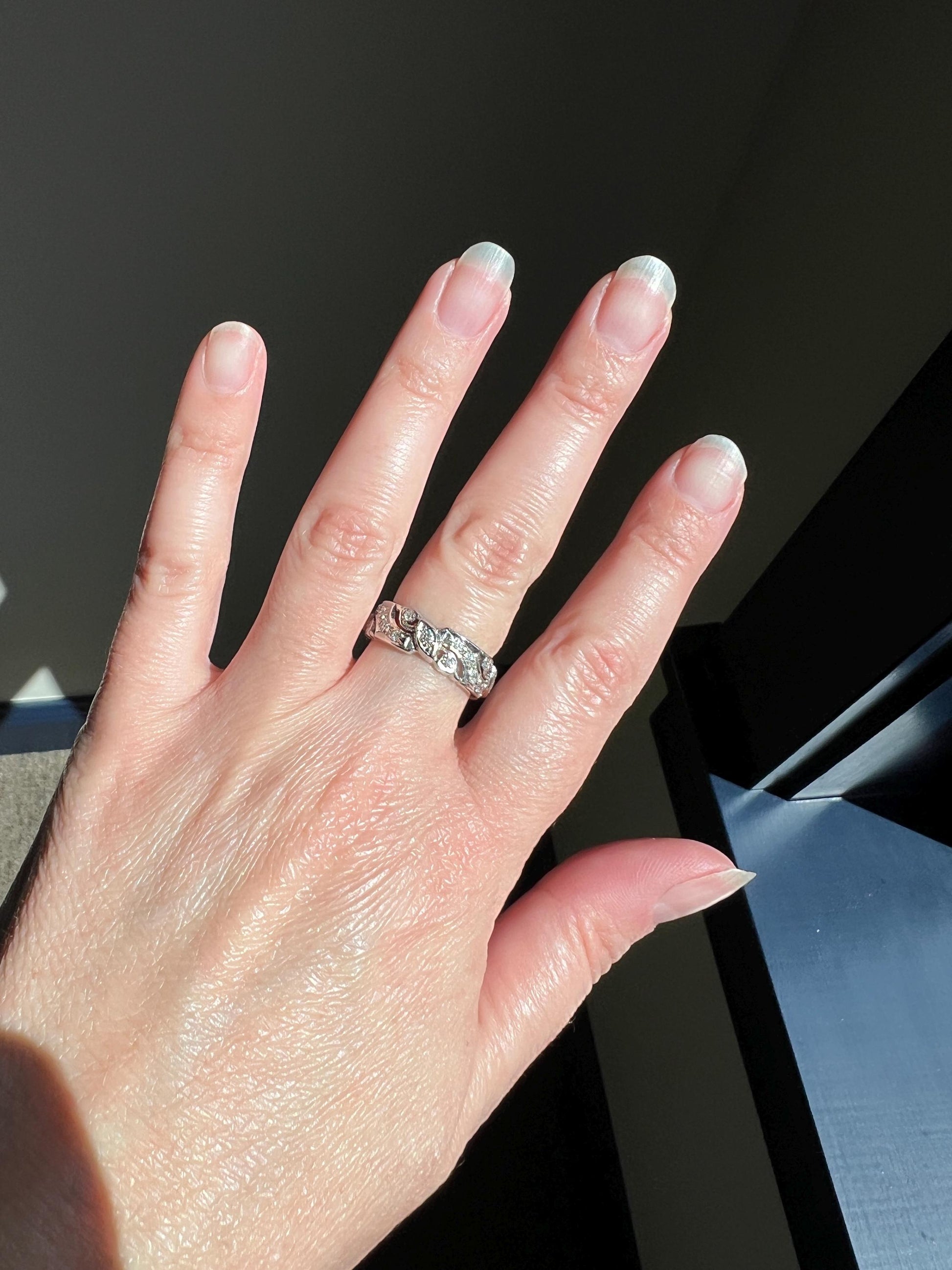 Swirling Art Deco Milgrain ANTIQUE Old Mine Single Cut 28 Diamond 14k White Gold Ring Eternity Wide Band Wedding Chunky Stacker