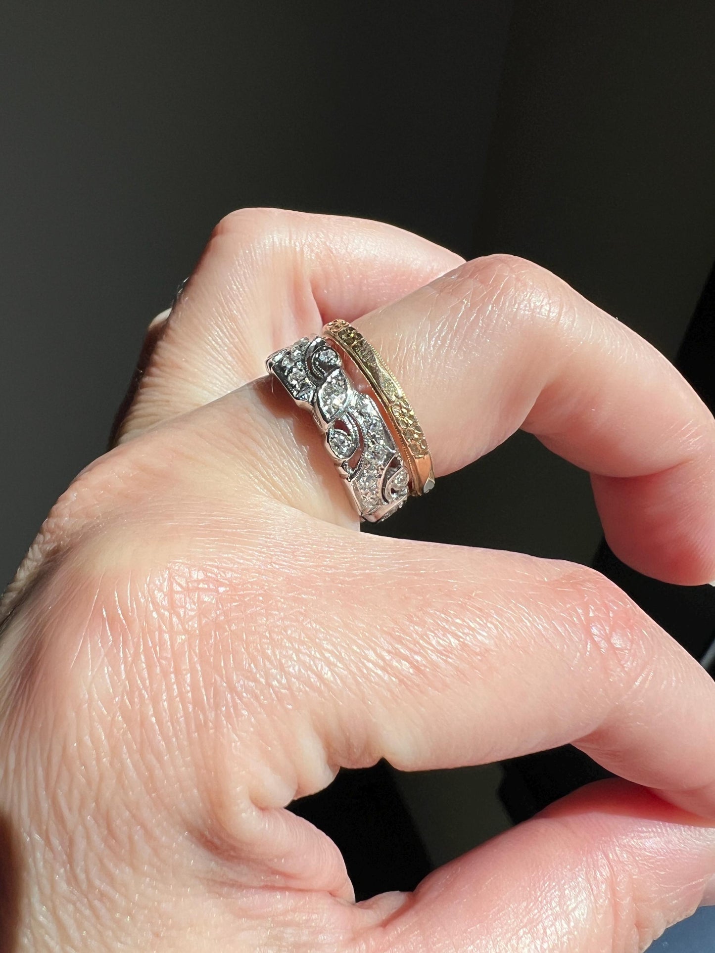 Swirling Art Deco Milgrain ANTIQUE Old Mine Single Cut 28 Diamond 14k White Gold Ring Eternity Wide Band Wedding Chunky Stacker