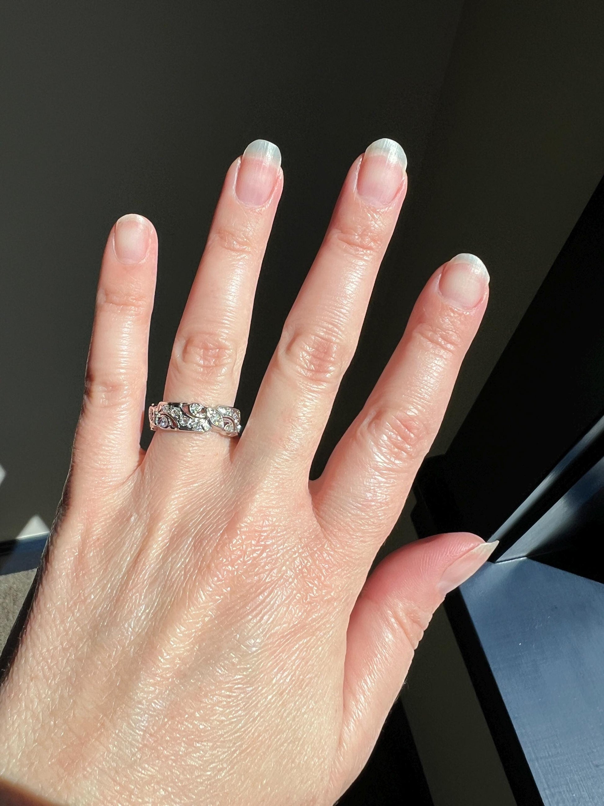 Swirling Art Deco Milgrain ANTIQUE Old Mine Single Cut 28 Diamond 14k White Gold Ring Eternity Wide Band Wedding Chunky Stacker