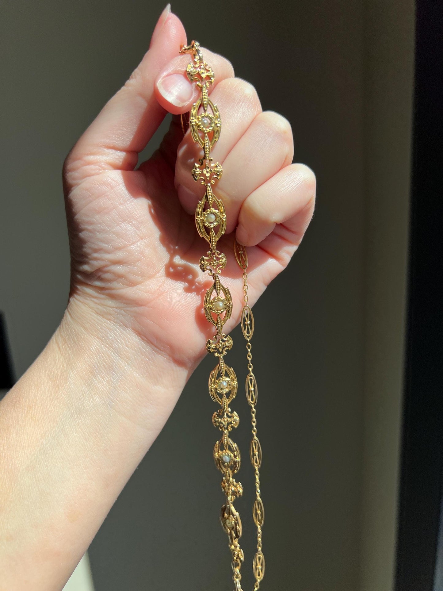 Two for One NECKLACE BRACELET 20g 18k Gold Changeable French Belle Epoque Floral Garland Heavy Chain Forget Me Not Pearls Ornate Victorian