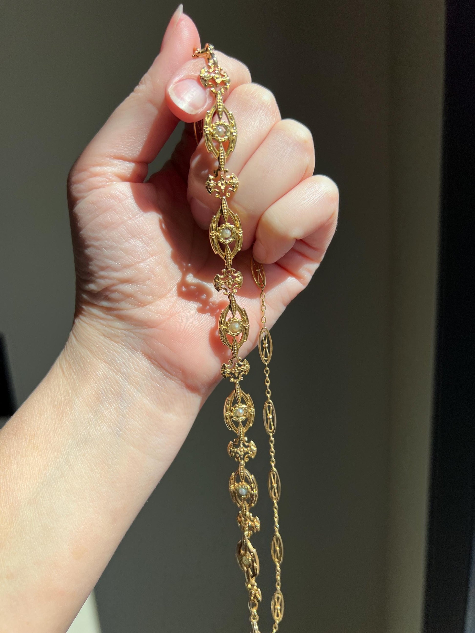 Two for One NECKLACE BRACELET 20g 18k Gold Changeable French Belle Epoque Floral Garland Heavy Chain Forget Me Not Pearls Ornate Victorian