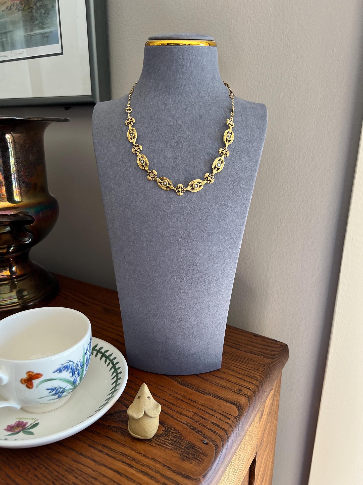 Two for One NECKLACE BRACELET 20g 18k Gold Changeable French Belle Epoque Floral Garland Heavy Chain Forget Me Not Pearls Ornate Victorian