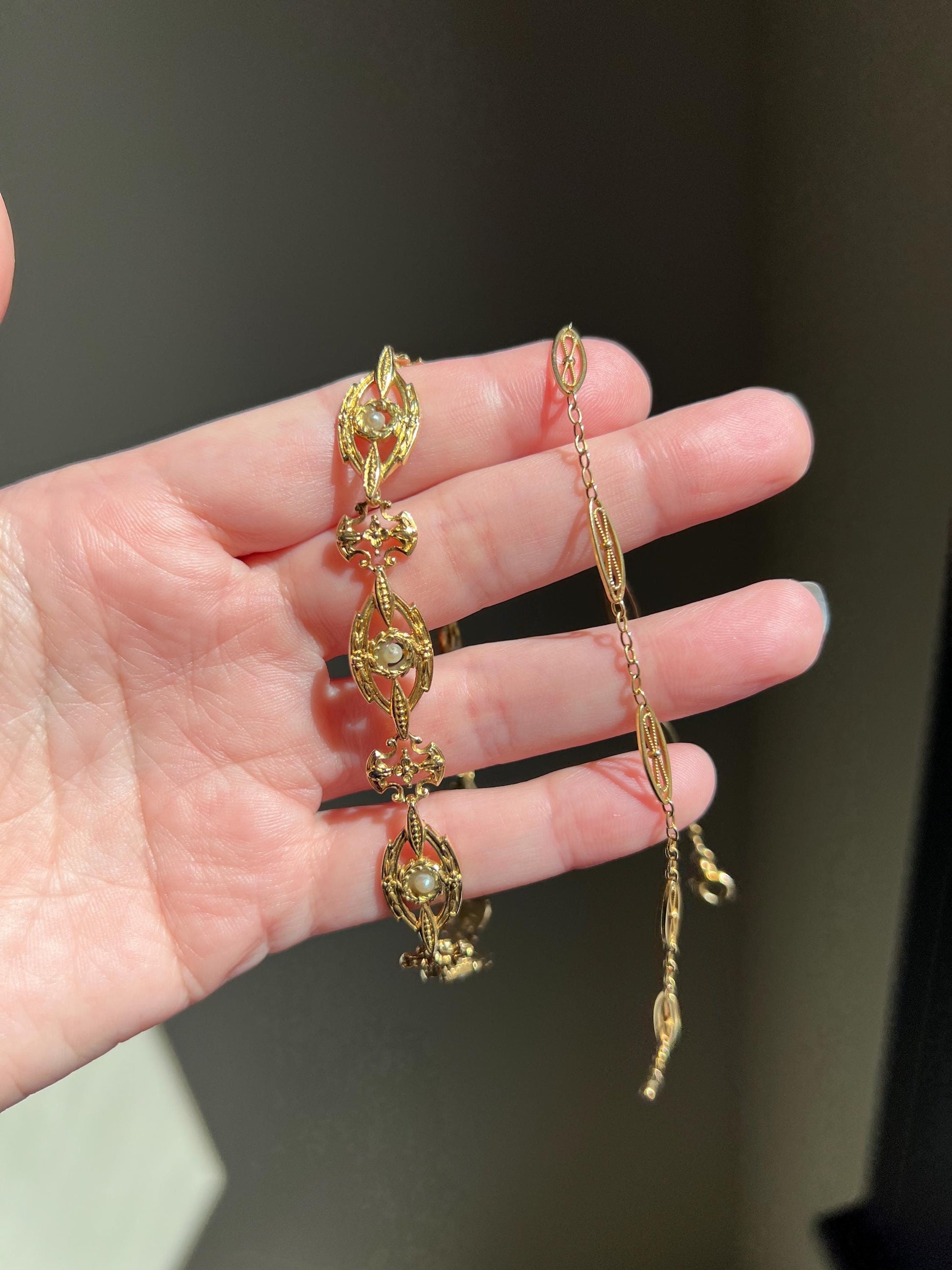 Two for One NECKLACE BRACELET 20g 18k Gold Changeable French Belle Epoque Floral Garland Heavy Chain Forget Me Not Pearls Ornate Victorian