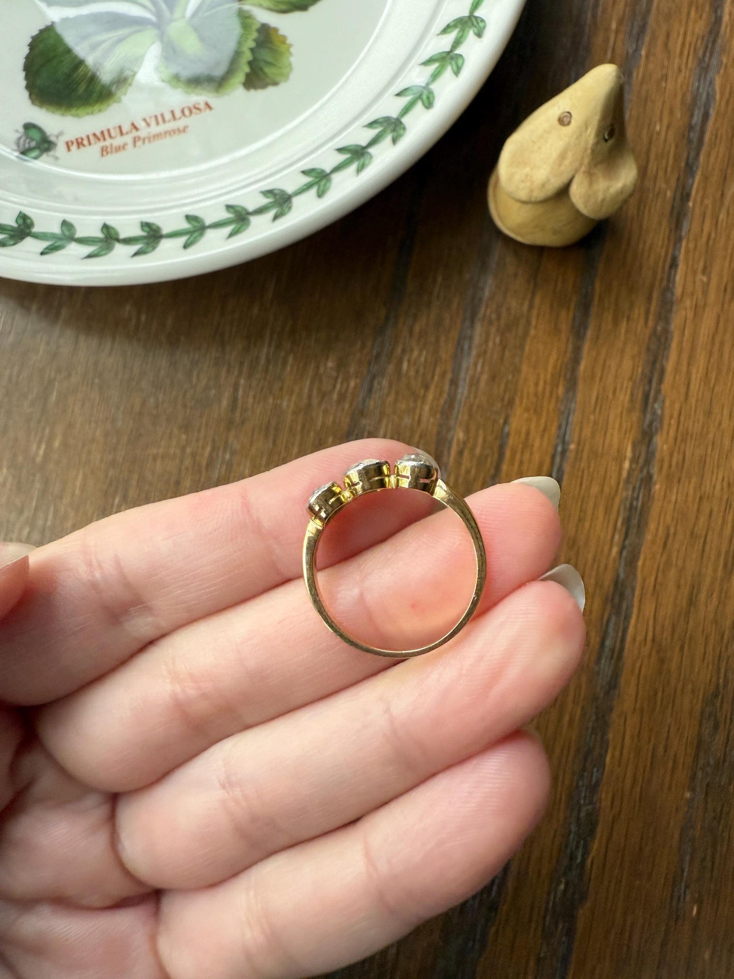 Antique Eye Clean Rose Cut DIAMOND Three Stone Ring Stackable Band Open Back Sparkle 18k Gold Bezel Set Fiery Romantic Gift Edwardian