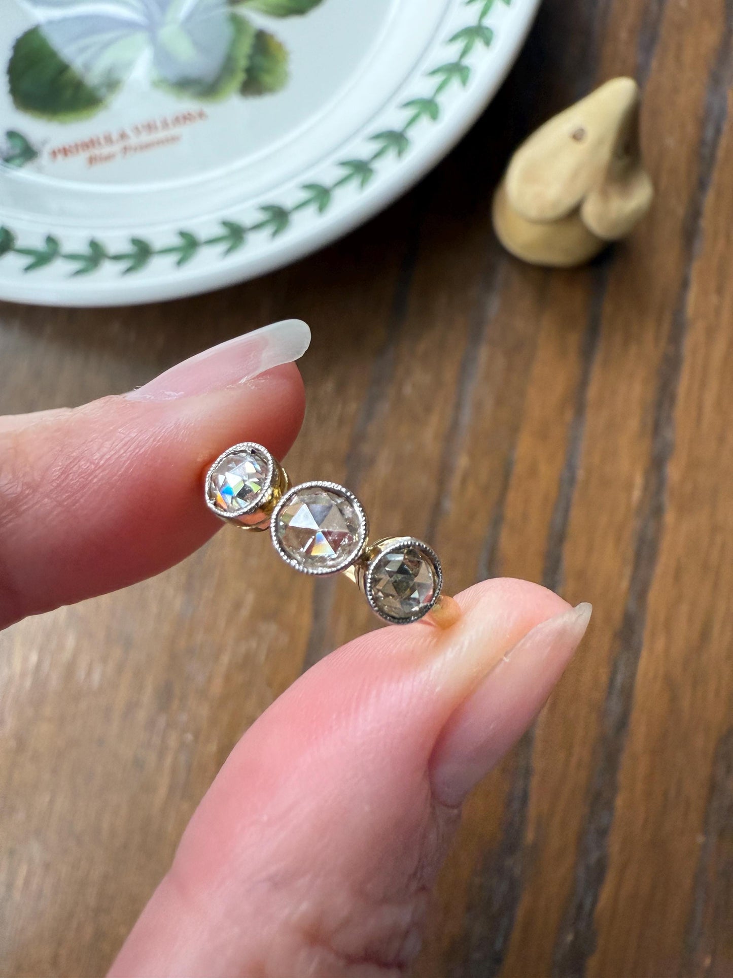 Antique Eye Clean Rose Cut DIAMOND Three Stone Ring Stackable Band Open Back Sparkle 18k Gold Bezel Set Fiery Romantic Gift Edwardian