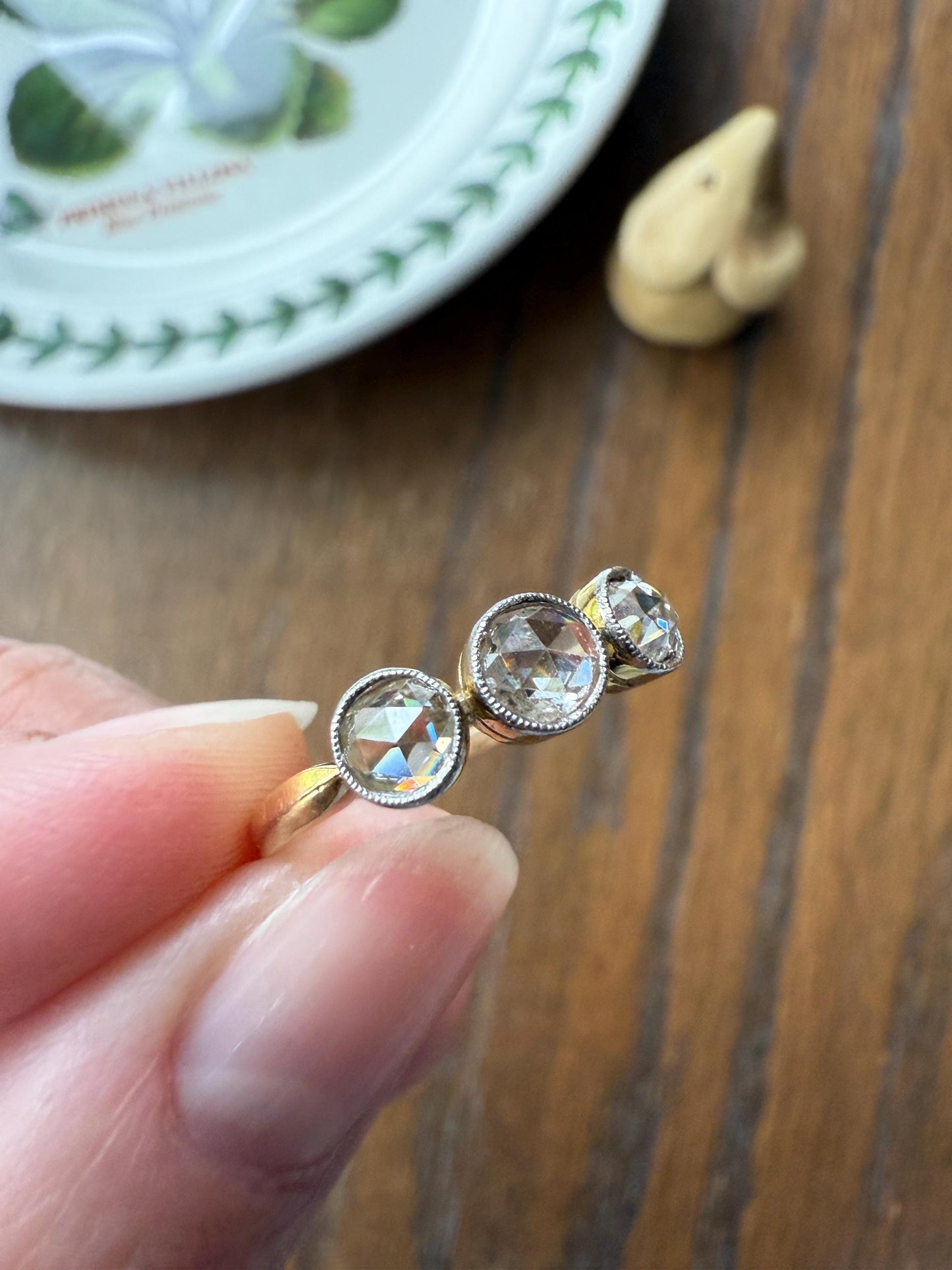 Antique Eye Clean Rose Cut DIAMOND Three Stone Ring Stackable Band Open Back Sparkle 18k Gold Bezel Set Fiery Romantic Gift Edwardian
