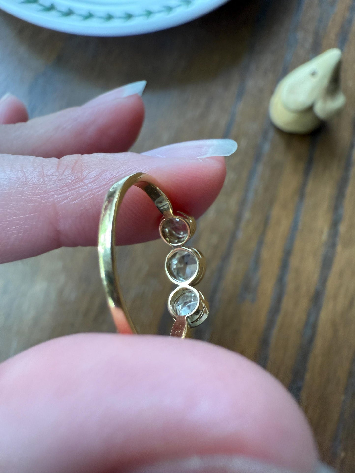 Antique Eye Clean Rose Cut DIAMOND Three Stone Ring Stackable Band Open Back Sparkle 18k Gold Bezel Set Fiery Romantic Gift Edwardian