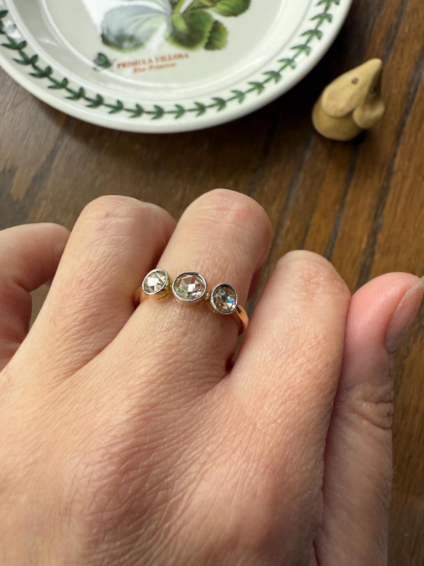 Antique Eye Clean Rose Cut DIAMOND Three Stone Ring Stackable Band Open Back Sparkle 18k Gold Bezel Set Fiery Romantic Gift Edwardian
