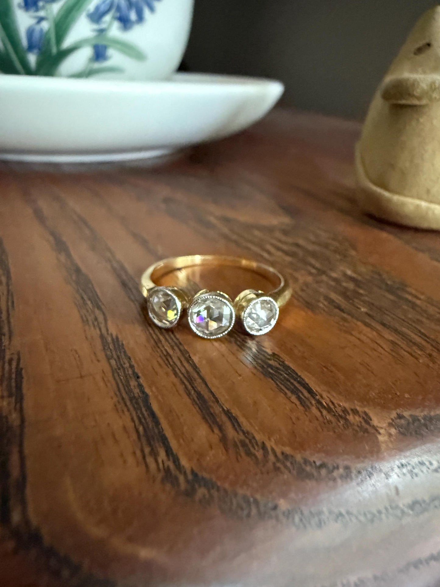 Antique Eye Clean Rose Cut DIAMOND Three Stone Ring Stackable Band Open Back Sparkle 18k Gold Bezel Set Fiery Romantic Gift Edwardian