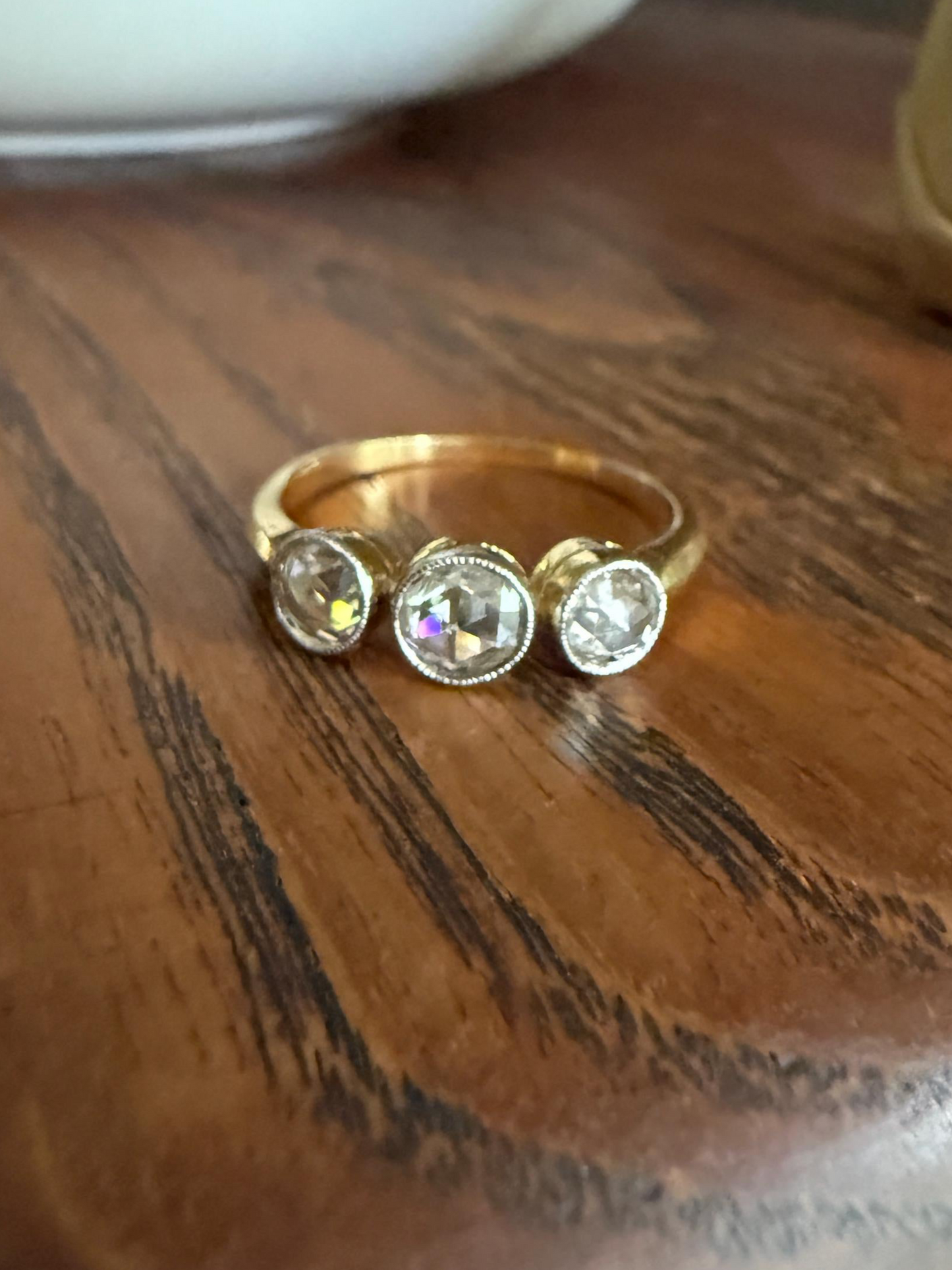 Antique Eye Clean Rose Cut DIAMOND Three Stone Ring Stackable Band Open Back 18k Gold Bezel Set