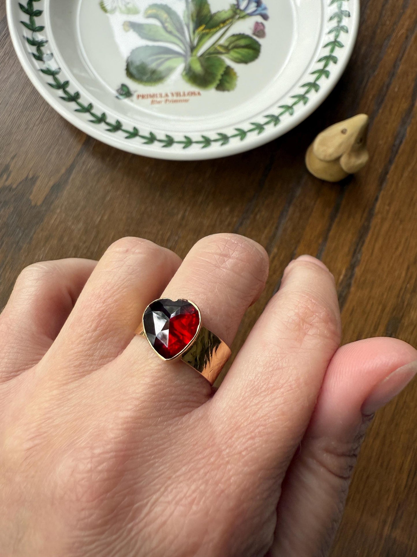 HEART Vintage Perpignan GARNET 7mm Wide Cigar Band Ring Figural Stacker Crimson Glowing Red Angled Textured Romantic Gift
