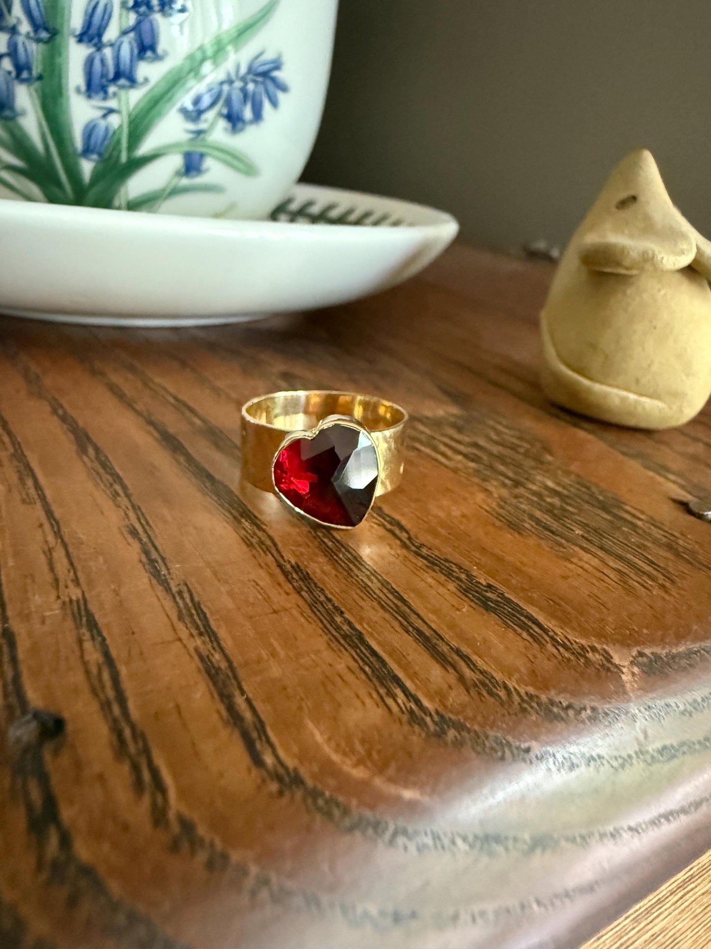 HEART Vintage Perpignan GARNET 7mm Wide Cigar Band Ring Figural Stacker Crimson Glowing Red Angled Textured Romantic Gift