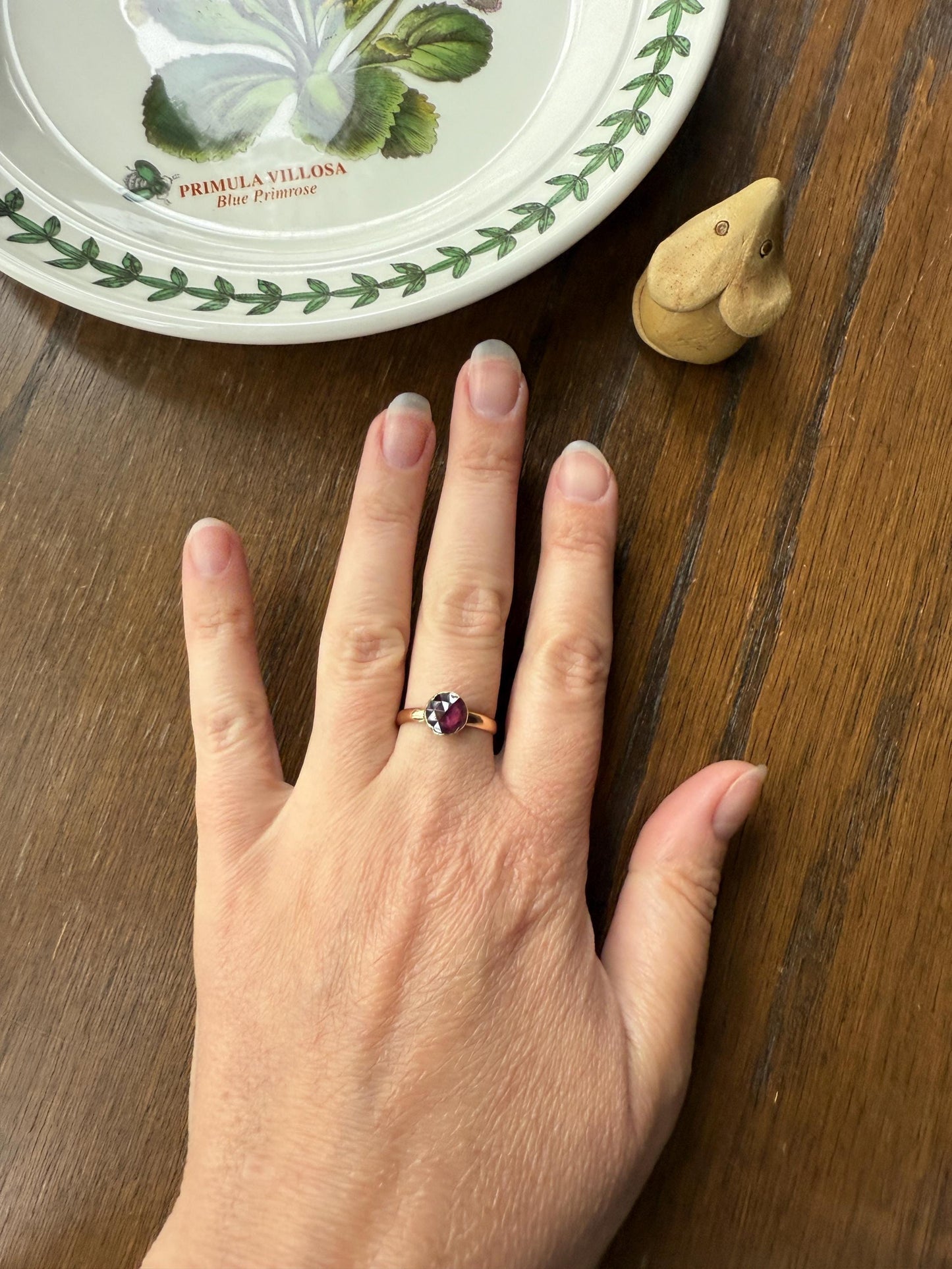 Purple PERPIGNAN GARNET Solitaire Ring 18k Gold Bezel Set Rose Cut Closed Back Stacker Band Almandine Glowing Comfort Fit Romantic Gift