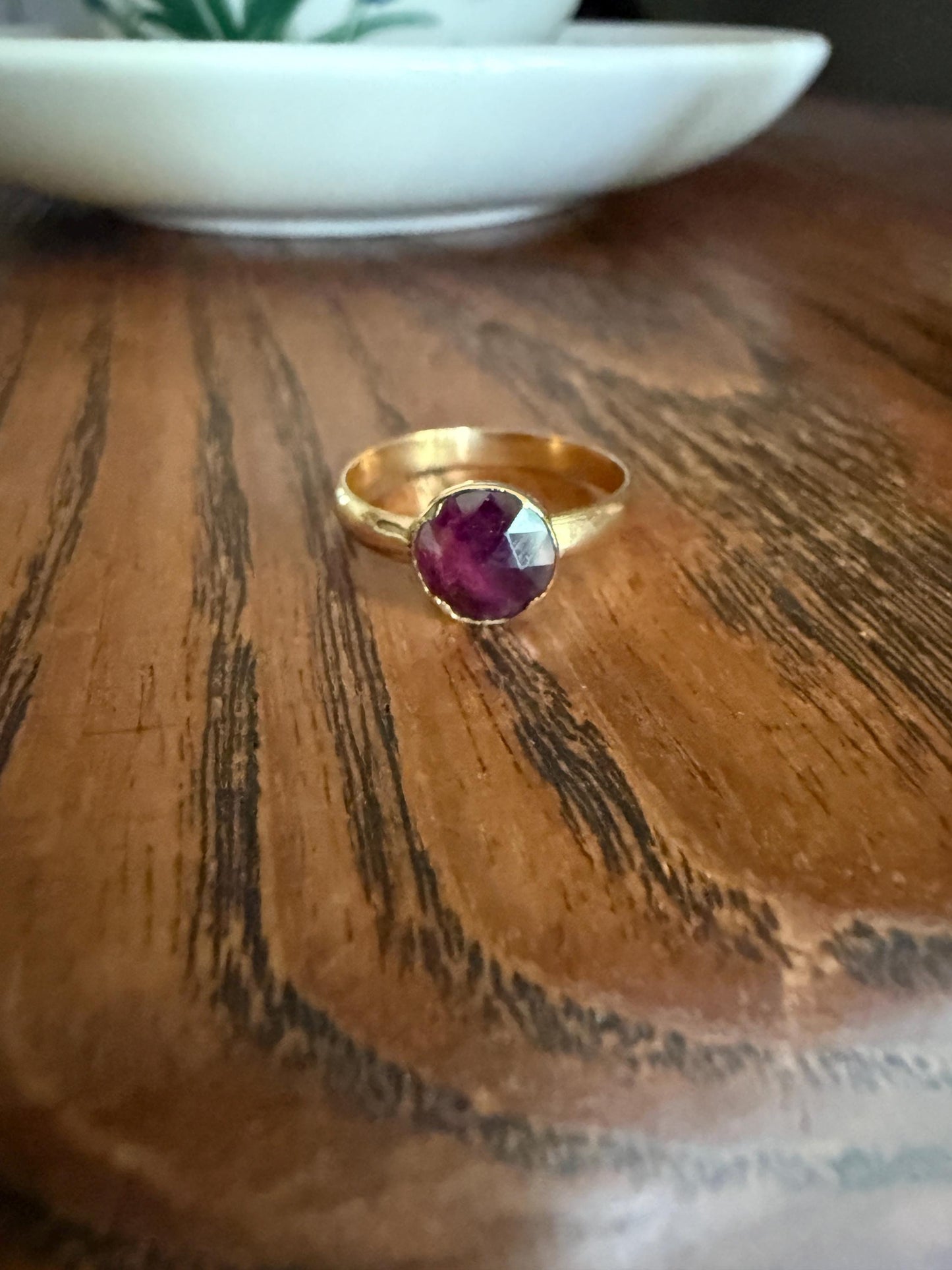Purple PERPIGNAN GARNET Solitaire Ring 18k Gold Bezel Set Rose Cut Closed Back Stacker Band Almandine Glowing Comfort Fit Romantic Gift