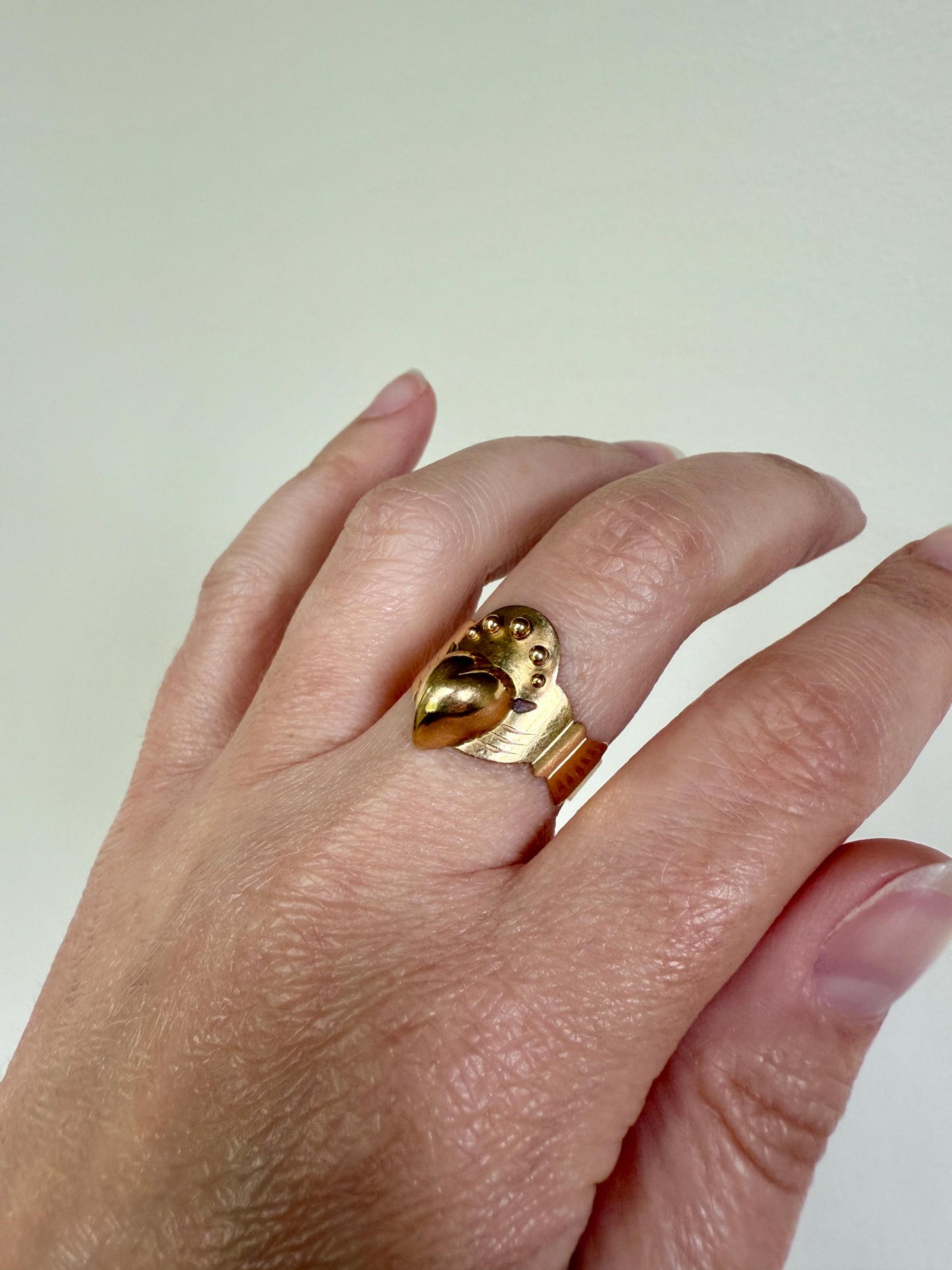 Antique Crowned Puffy Heart Bague de Foi French Regional Ring Fede Hands Ball Rivets 18k GOLD Folk Victorian Wide Band Love Figural Gift
