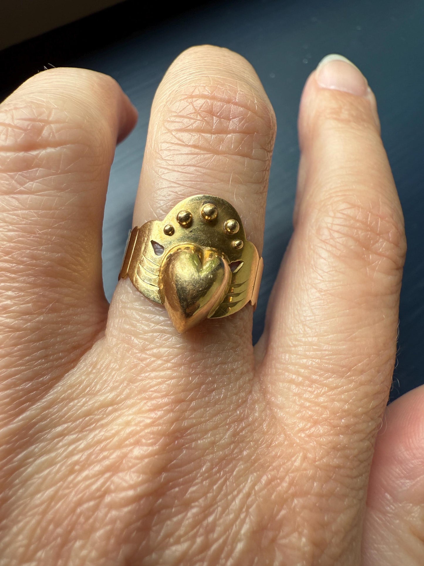 Antique Crowned Puffy Heart Bague de Foi French Regional Ring Fede Hands Ball Rivets 18k GOLD Folk Victorian Wide Band Love Figural Gift