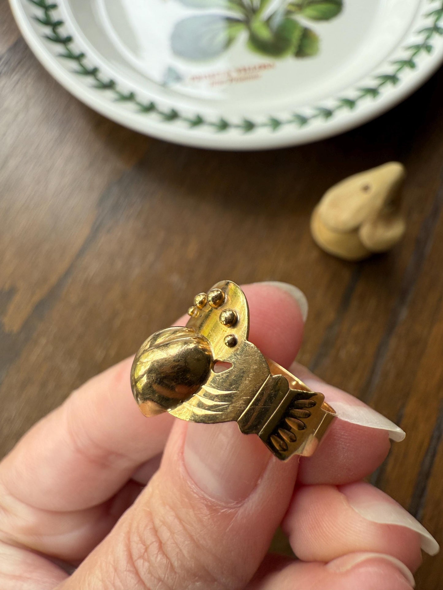 Antique Crowned Puffy Heart Bague de Foi French Regional Ring Fede Hands Ball Rivets 18k GOLD Folk Victorian Wide Band Love Figural Gift