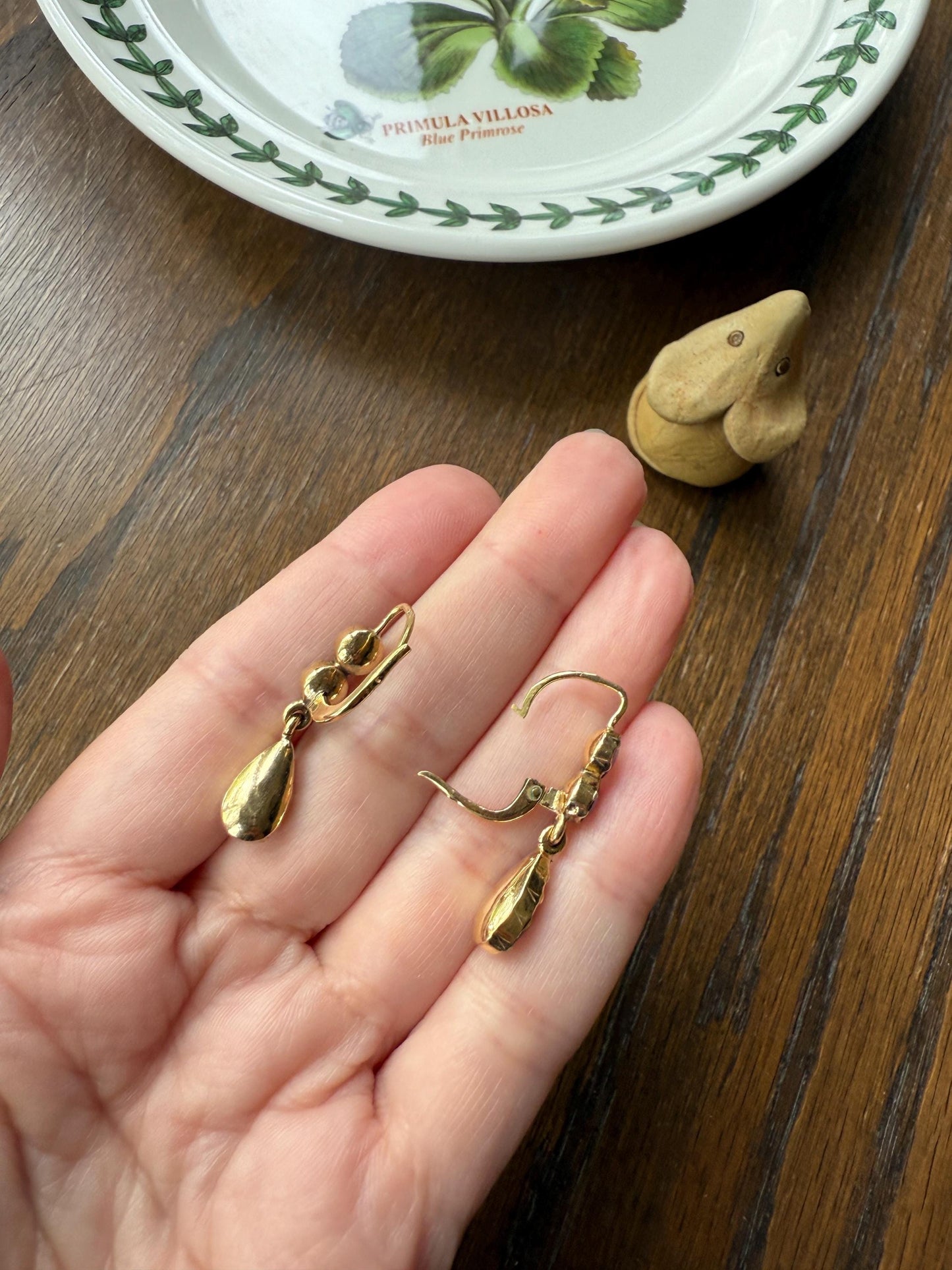 Teardrop DANGLES Antique PERPIGNAN GARNET Earrings 18k Gold Bezel Set Three Stone French Dormouse Rose Cut Closed Back Almandine Glowing
