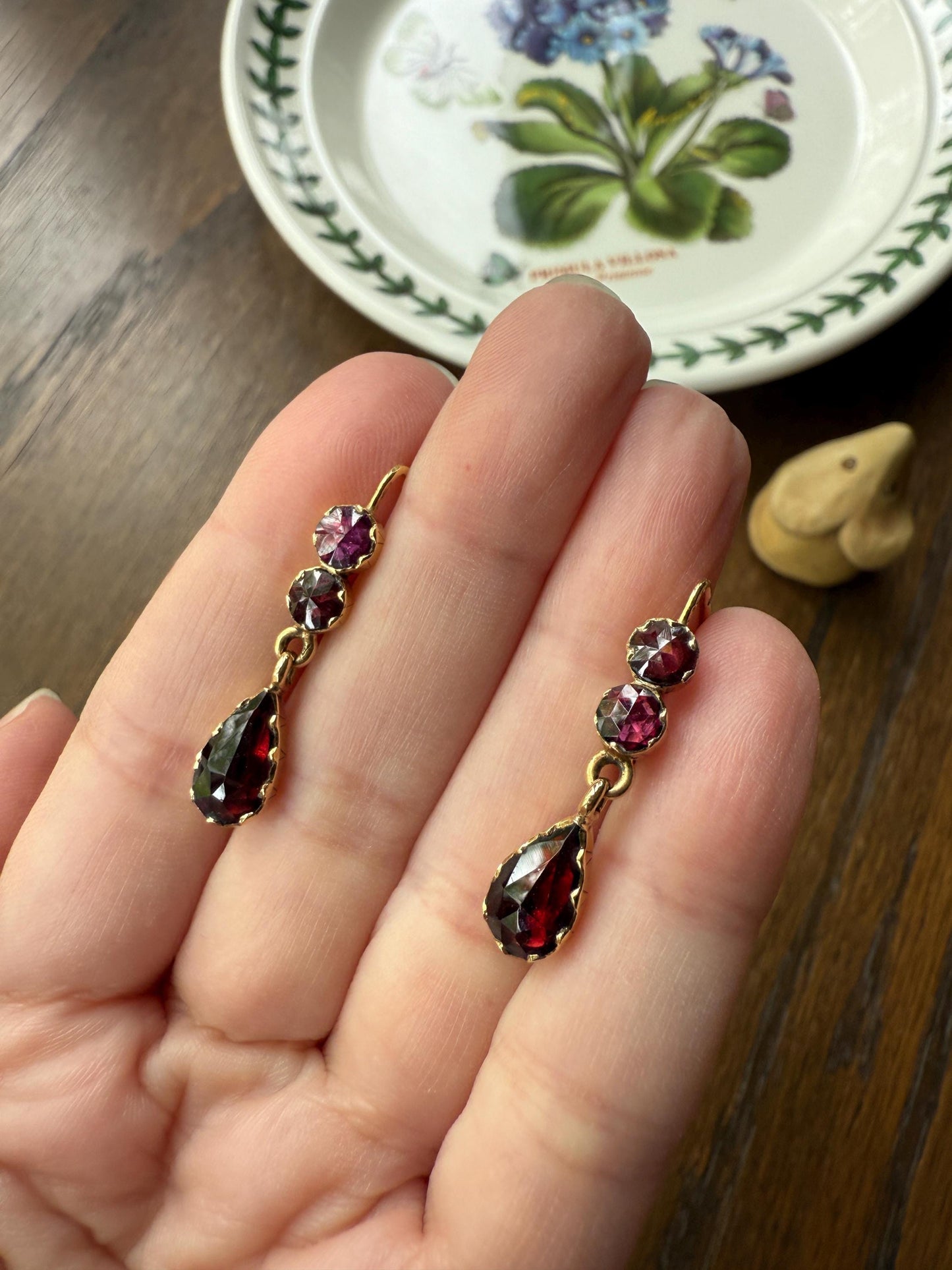Teardrop DANGLES Antique PERPIGNAN GARNET Earrings 18k Gold Bezel Set Three Stone French Dormouse Rose Cut Closed Back Almandine Glowing