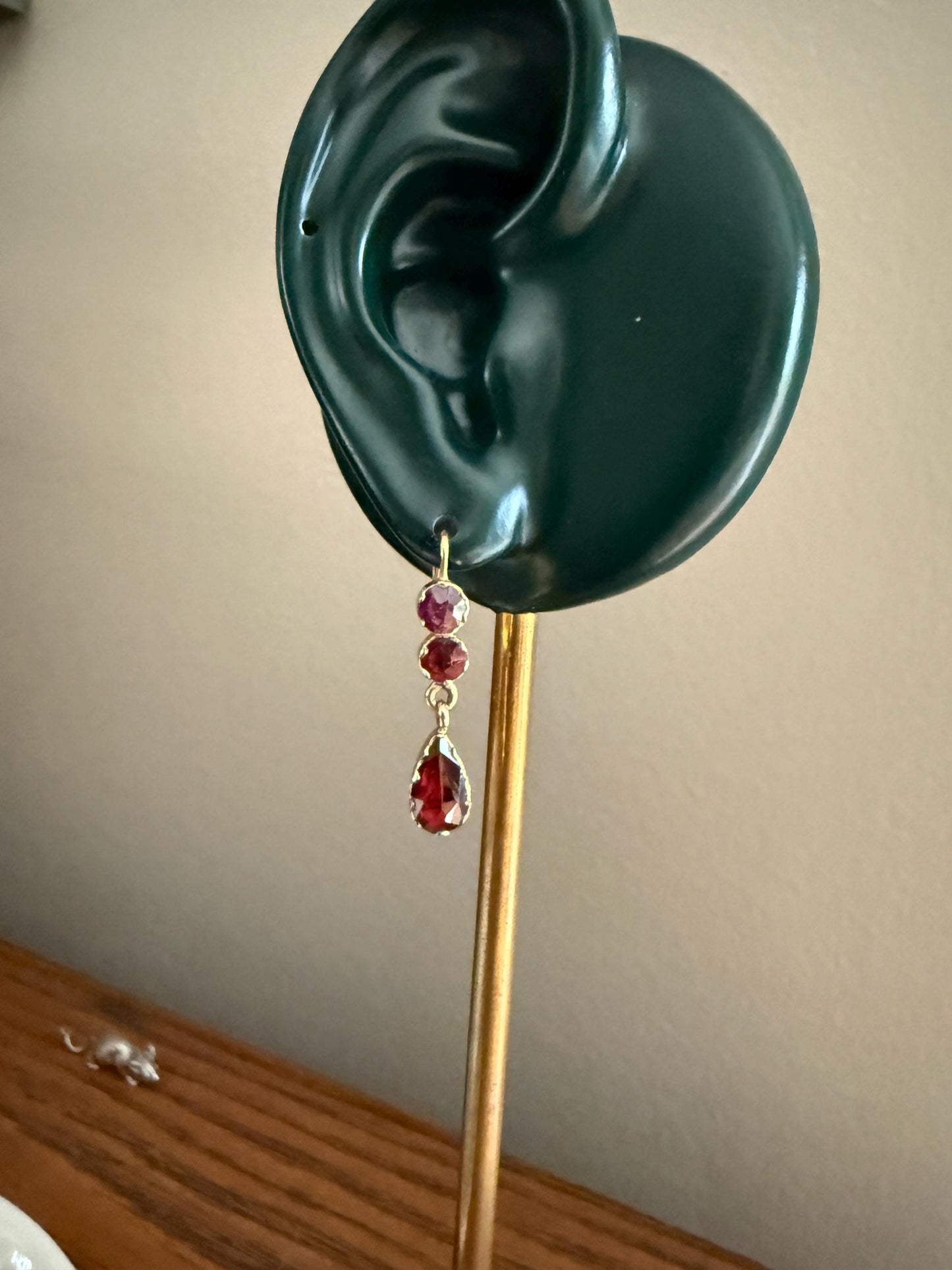 Teardrop DANGLES Antique PERPIGNAN GARNET Earrings 18k Gold Bezel Set Three Stone French Dormouse Rose Cut Closed Back Almandine Glowing