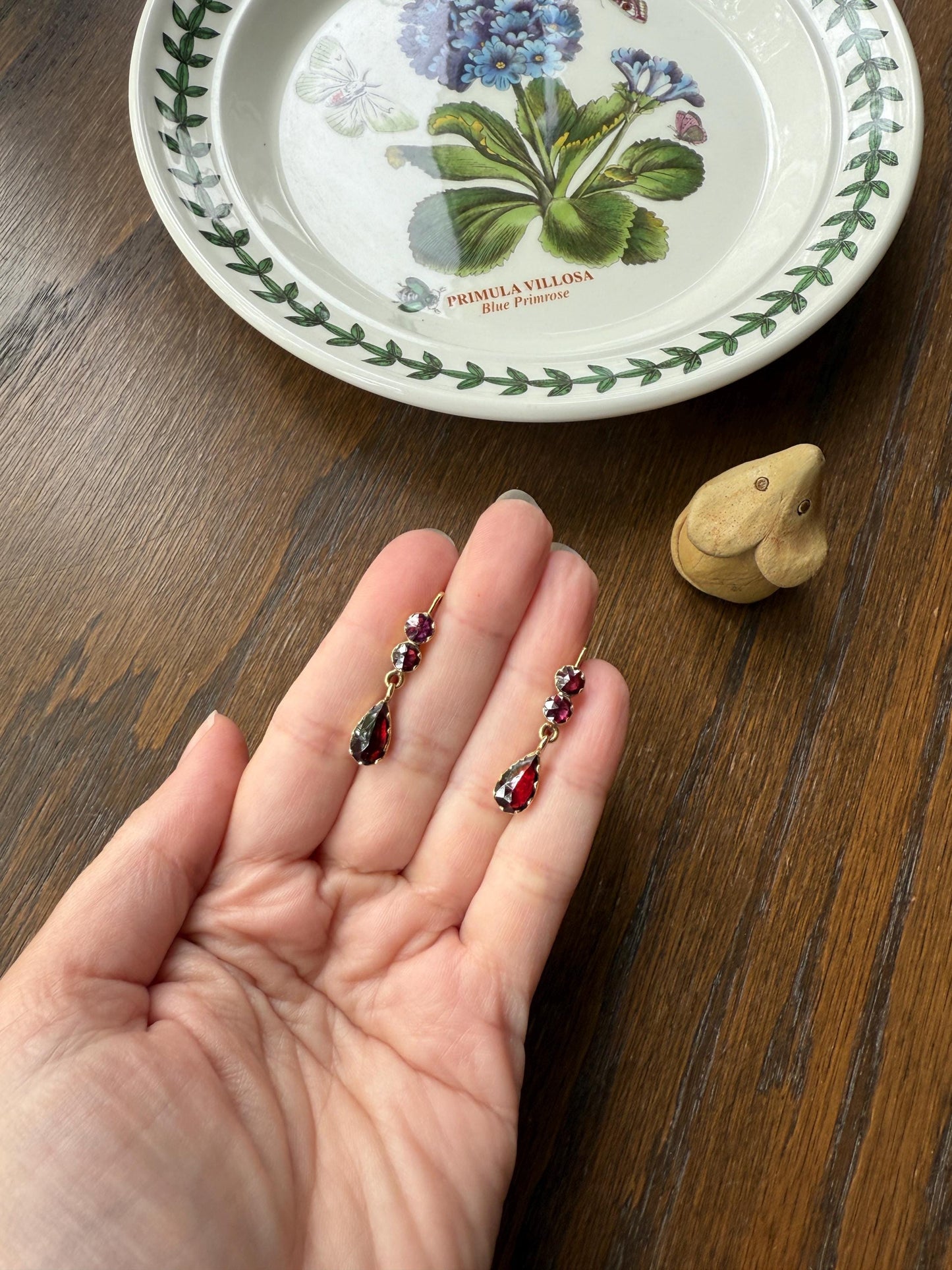 Teardrop DANGLES Antique PERPIGNAN GARNET Earrings 18k Gold Bezel Set Three Stone French Dormouse Rose Cut Closed Back Almandine Glowing