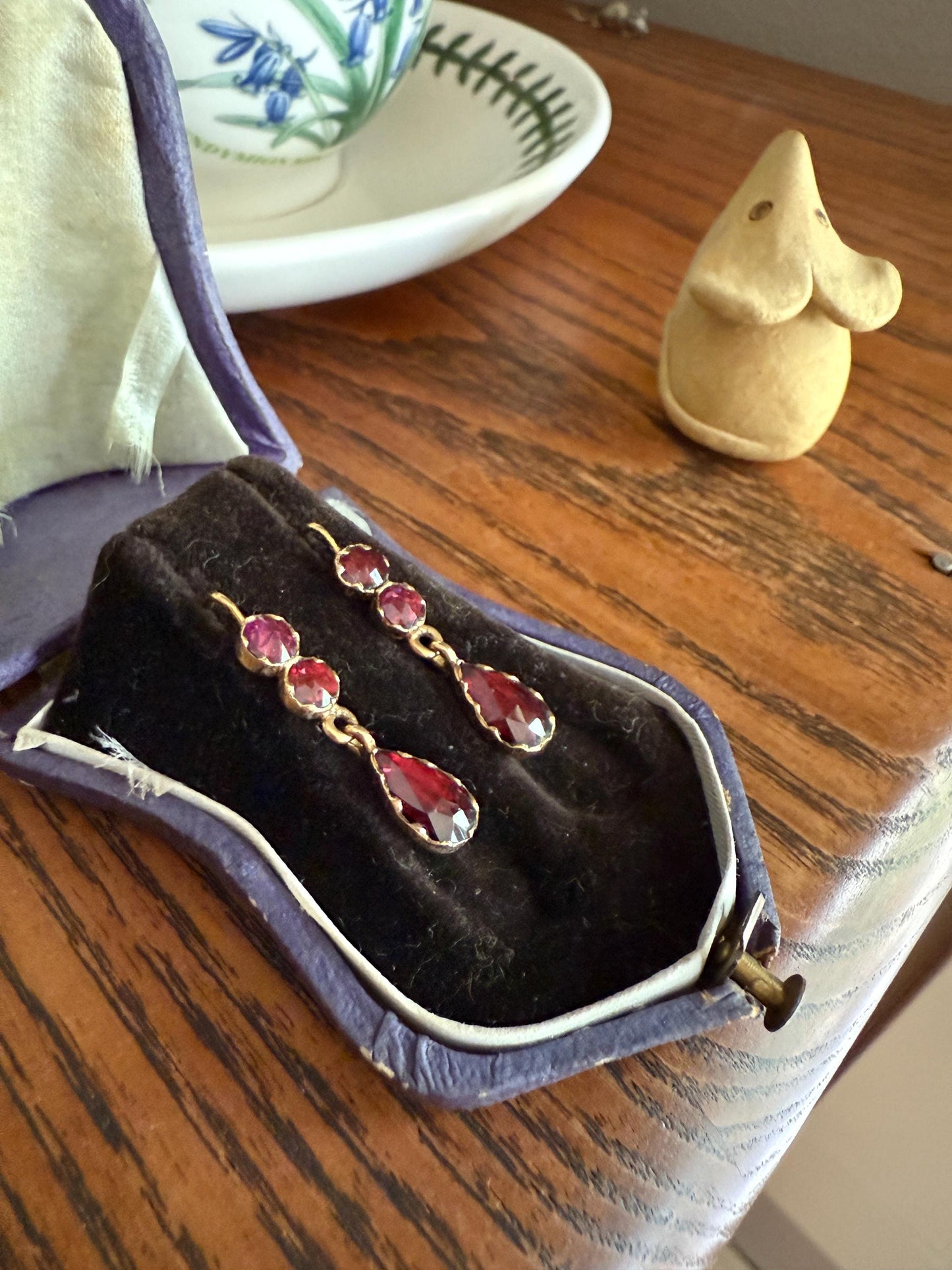 Teardrop DANGLES Antique PERPIGNAN GARNET Earrings 18k Gold Bezel Set Three Stone French Dormouse Rose Cut Closed Back Almandine Glowing