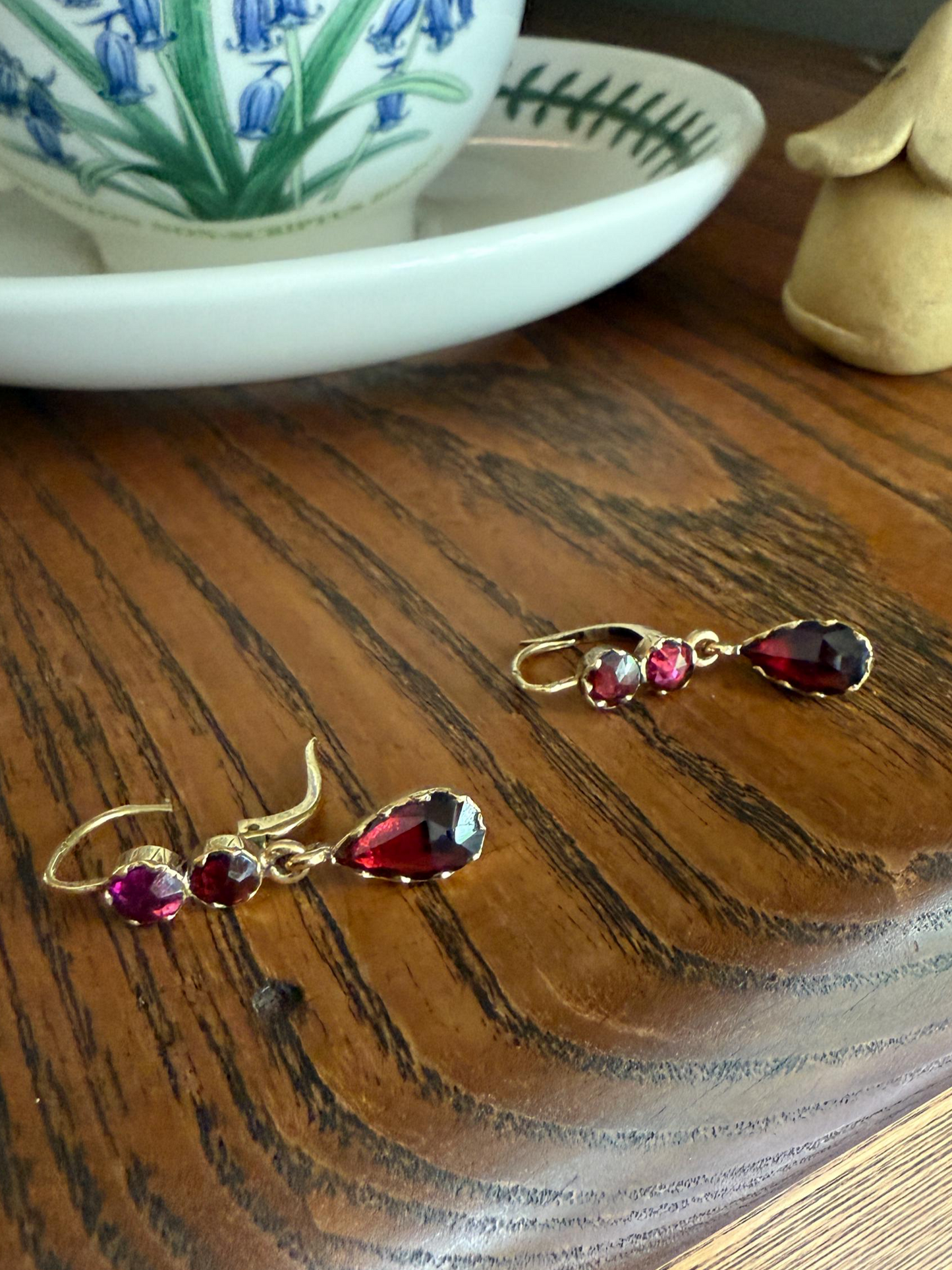 Teardrop DANGLES French Antique PERPIGNAN GARNET Earrings 18k Gold Bezel Set Three Stone French Dormeuse
