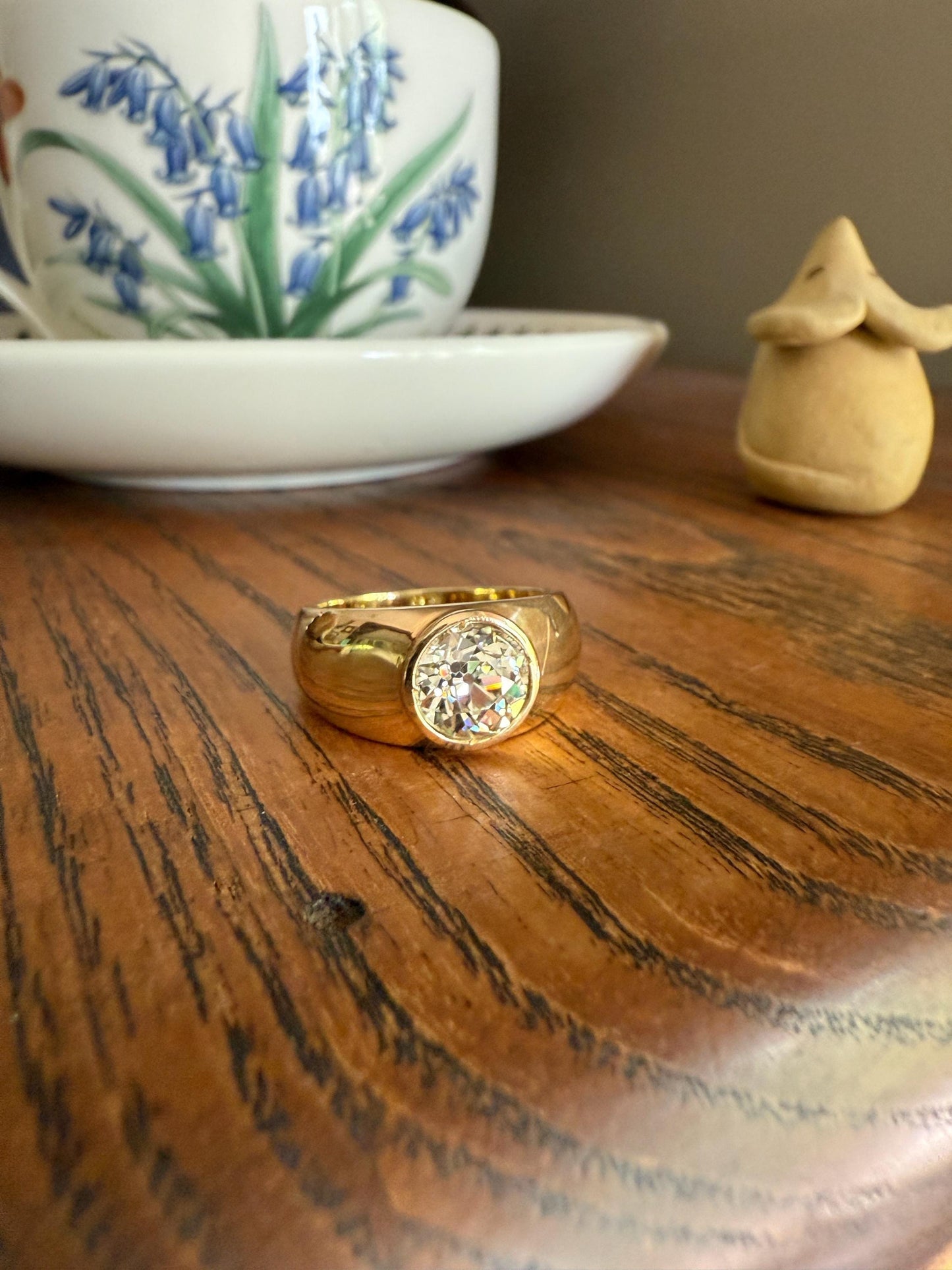 Eye Clean 2.3 Carat Old Mine Cut DIAMOND Antique Stone 18k Gold Vintage Unisex Gypsy Ring Solitaire Chunky Wide Band Stacker Gift OmC 2.3ctw