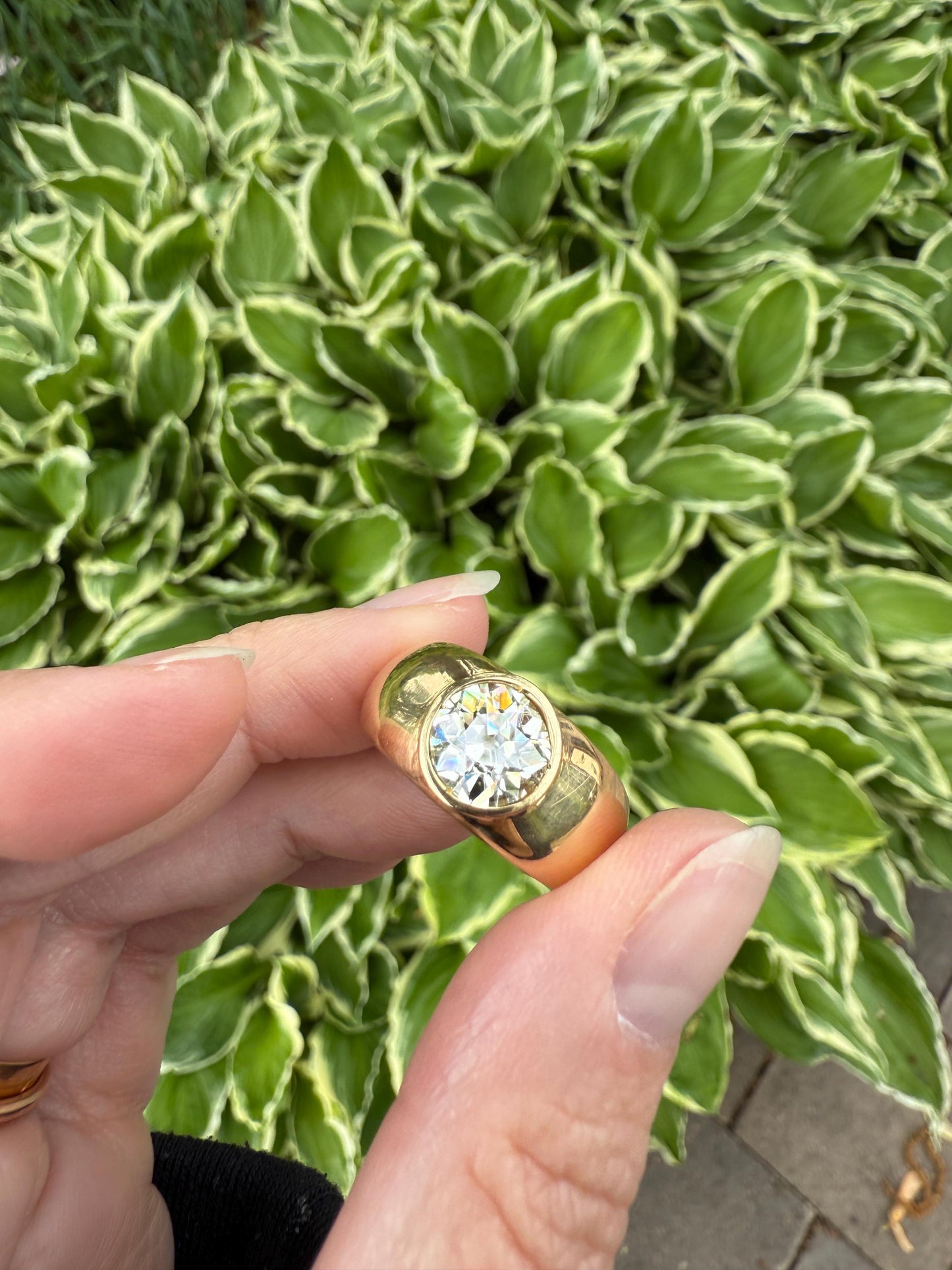 Eye Clean 2.3 Carat Old Mine Cut DIAMOND Antique Stone 18k Gold Vintage Unisex Gypsy Ring Solitaire Chunky Wide Band Stacker Gift OmC 2.3ctw
